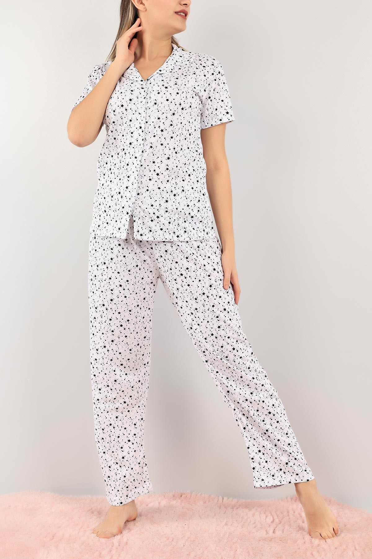 Siyah Düğmeli Desenli Bayan Pijama Takımı 110196