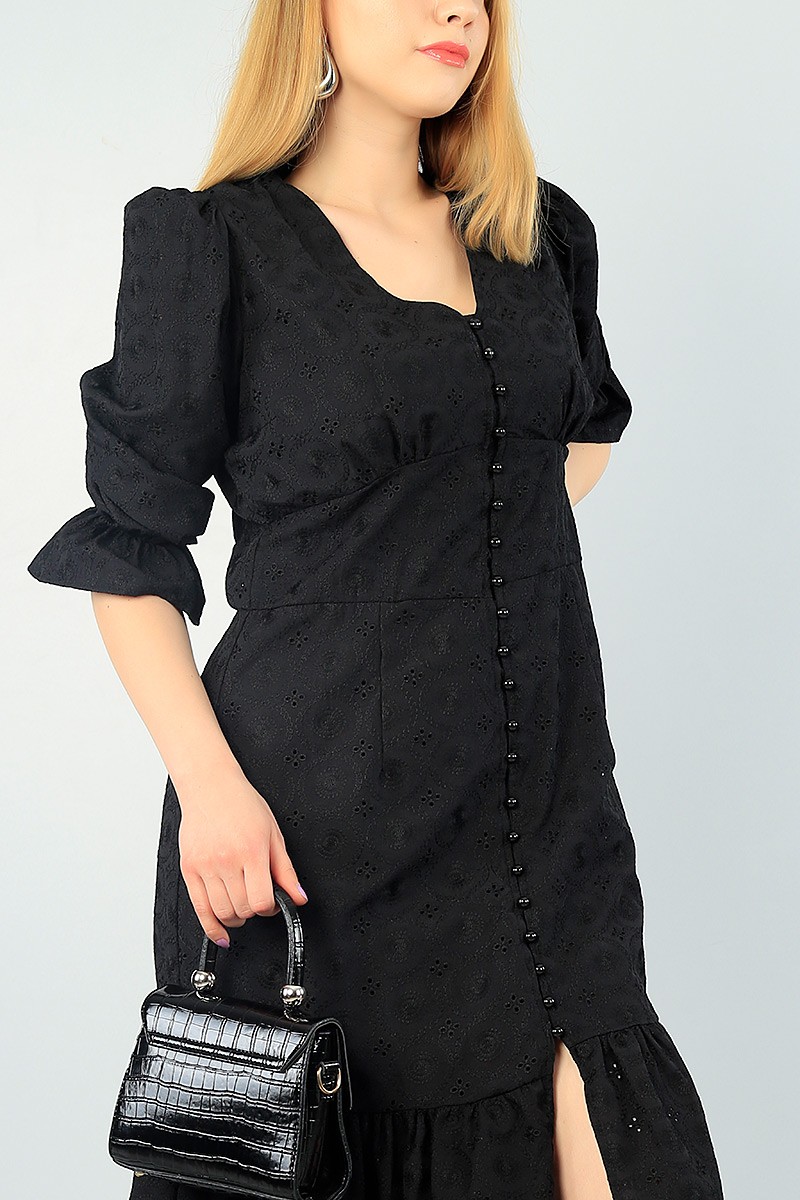 Siyah Düğmeli Fisto İşlemeli Dokuma Elbise 65071