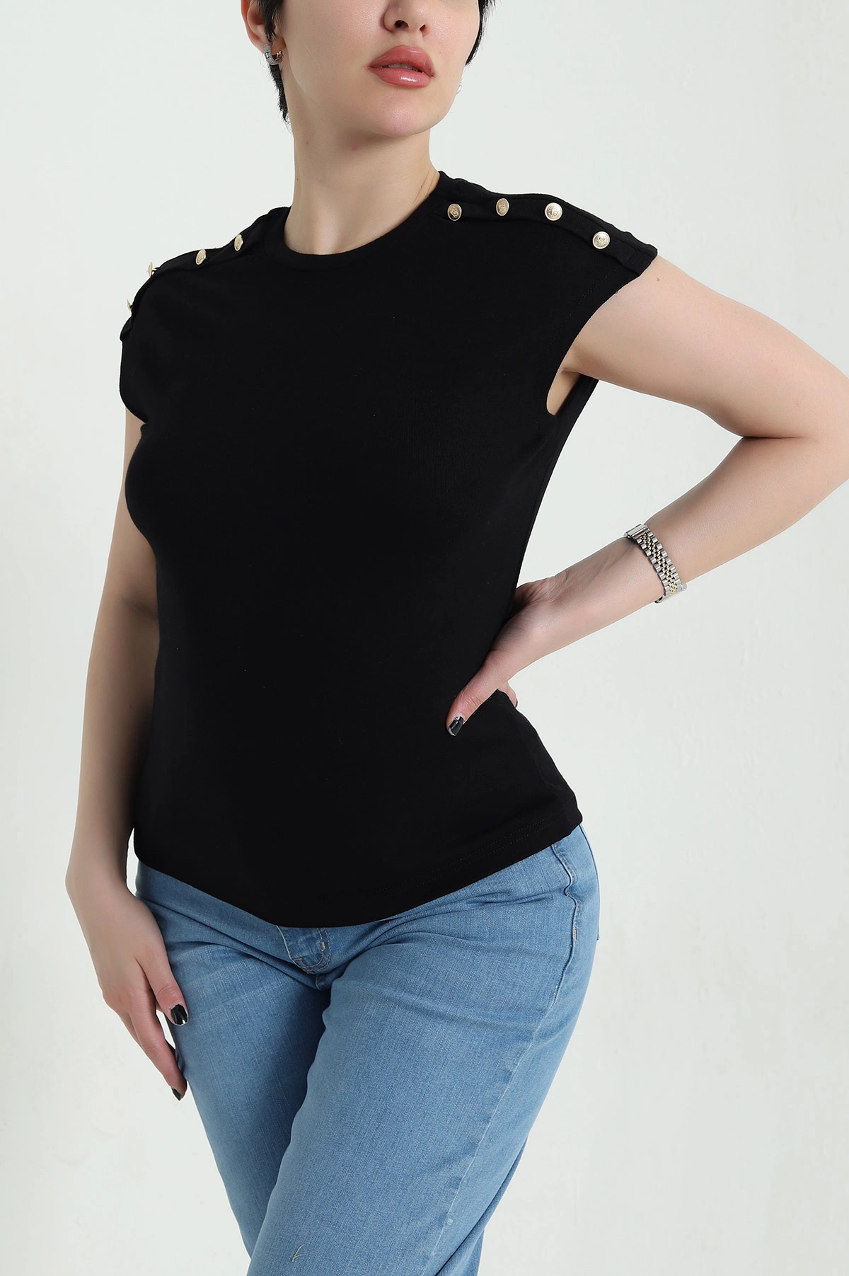 Siyah Düğmeli Likralı Buzzy Kadın Bady Bluz 455808