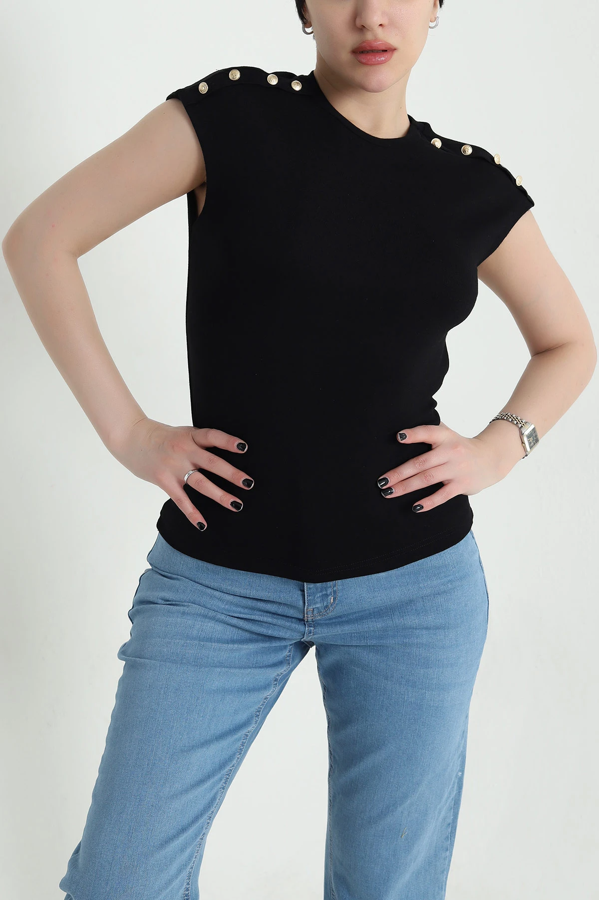 Siyah Düğmeli Likralı Buzzy Kadın Bady Bluz 455808