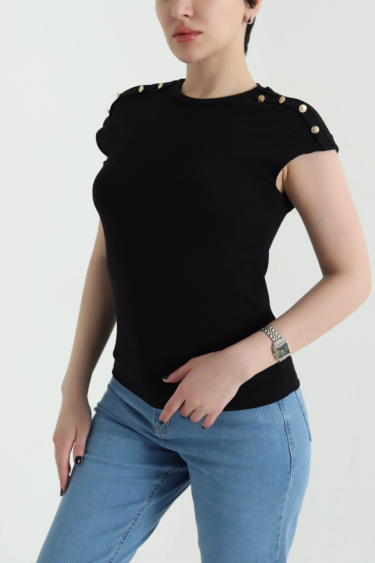 Siyah Düğmeli Likralı Buzzy Kadın Bady Bluz 455808