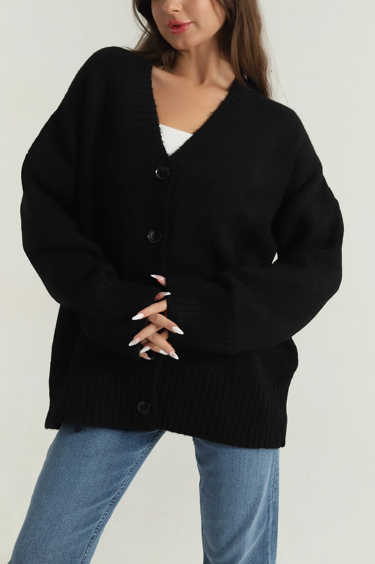 Siyah Düğmeli Oversize Kadın Triko Hırka 401056