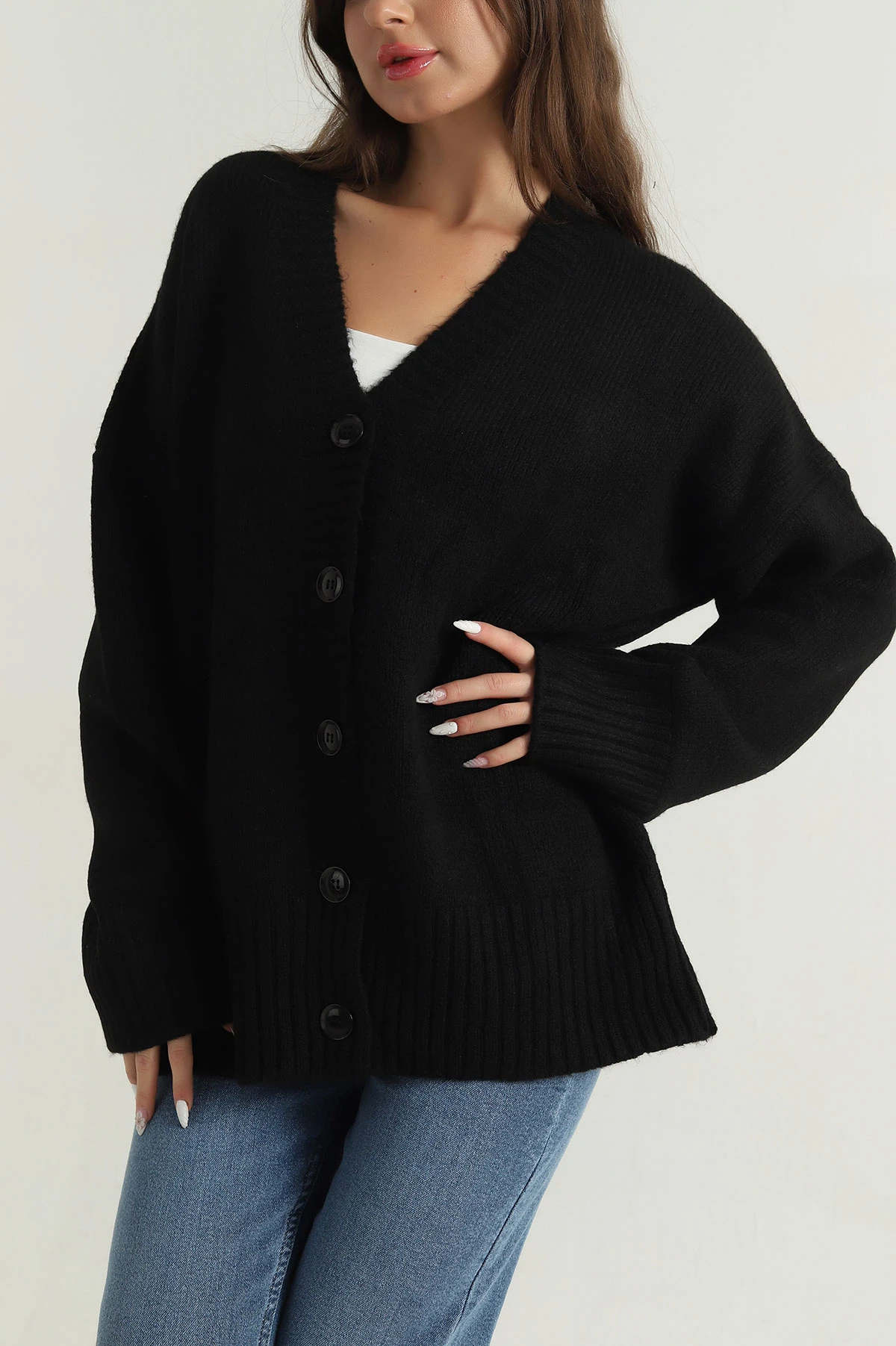 Siyah Düğmeli Oversize Kadın Triko Hırka 401056