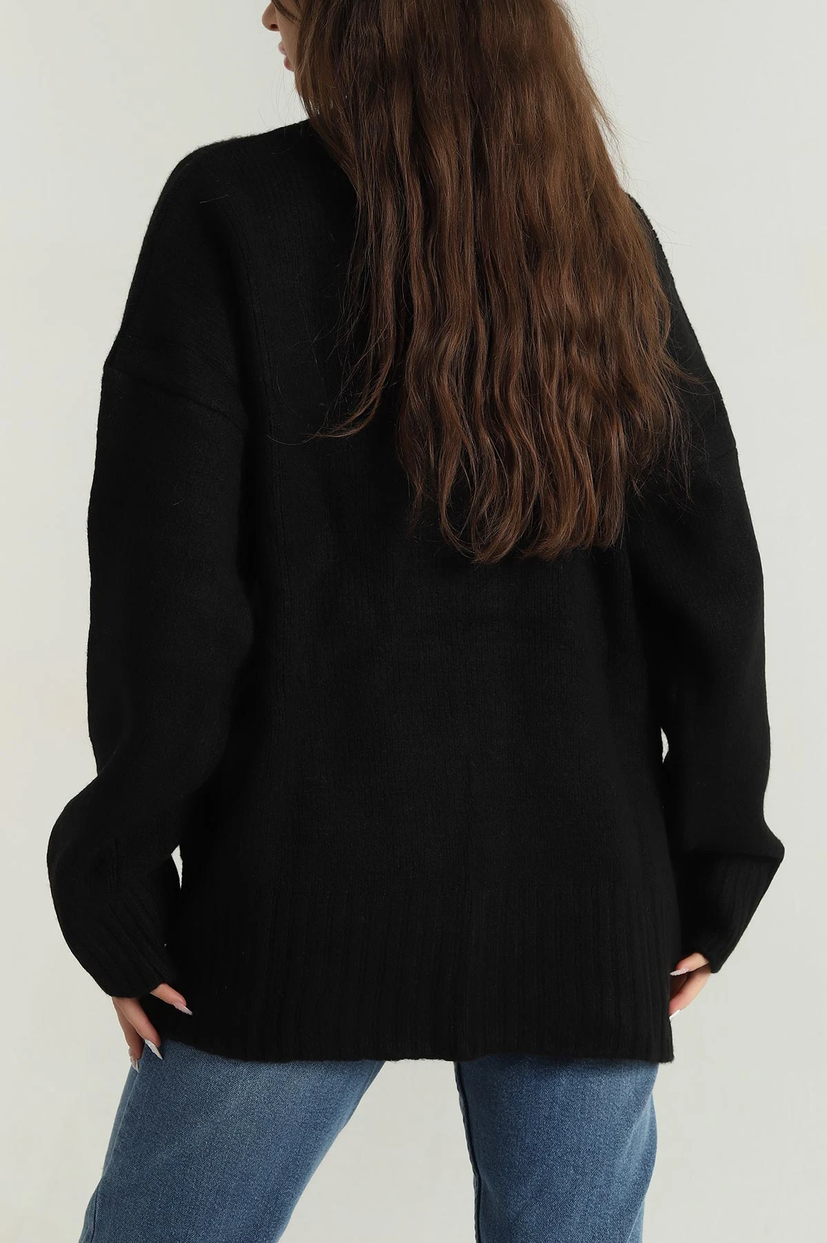 Siyah Düğmeli Oversize Kadın Triko Hırka 401056