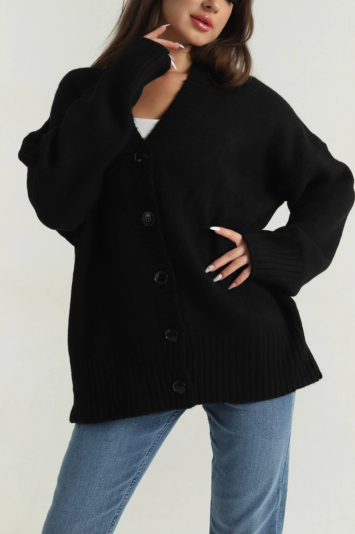 Siyah Düğmeli Oversize Kadın Triko Hırka 401056