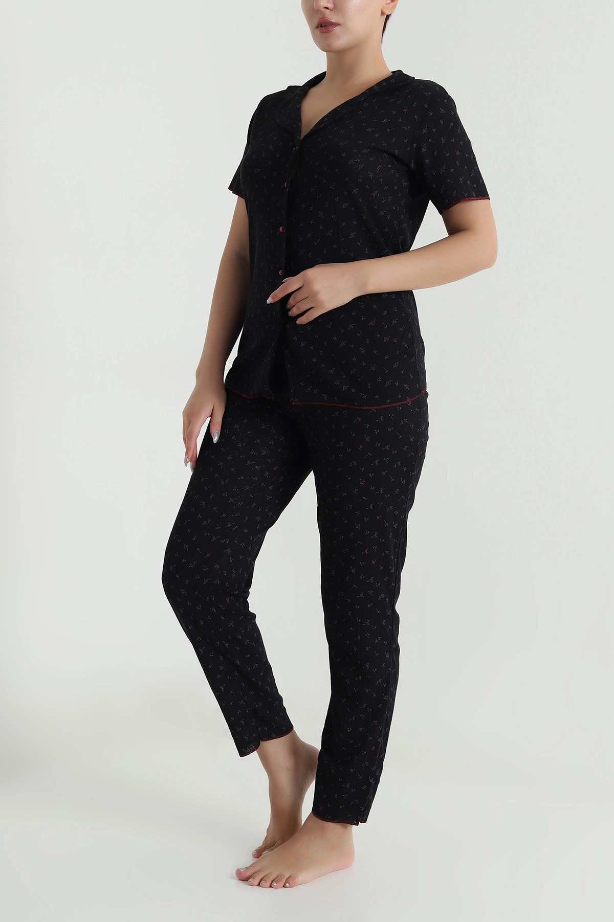 Siyah Düğmeli Pointel Kadın Pijama Takımı 482596