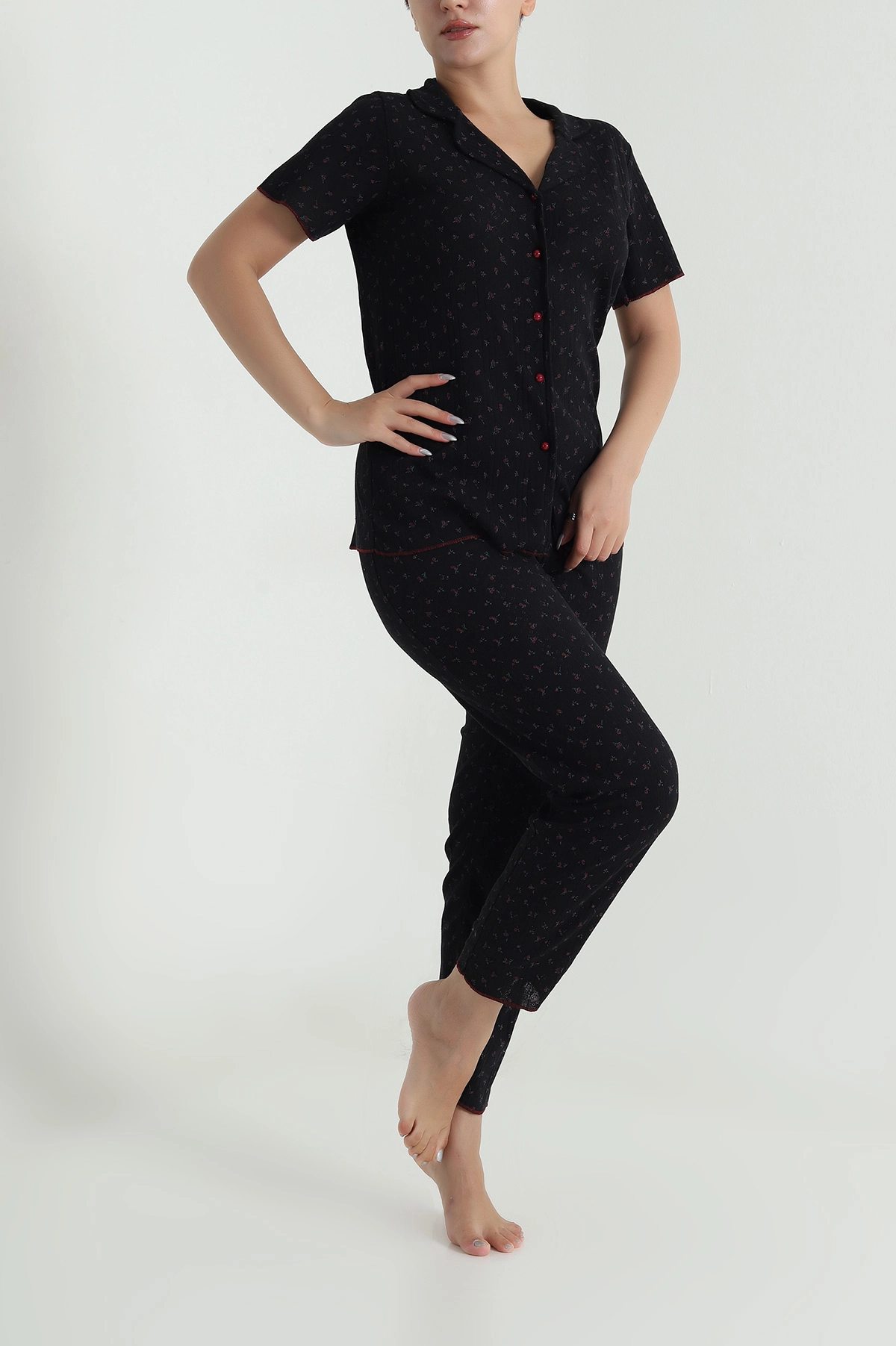 Siyah Düğmeli Pointel Kadın Pijama Takımı 482596
