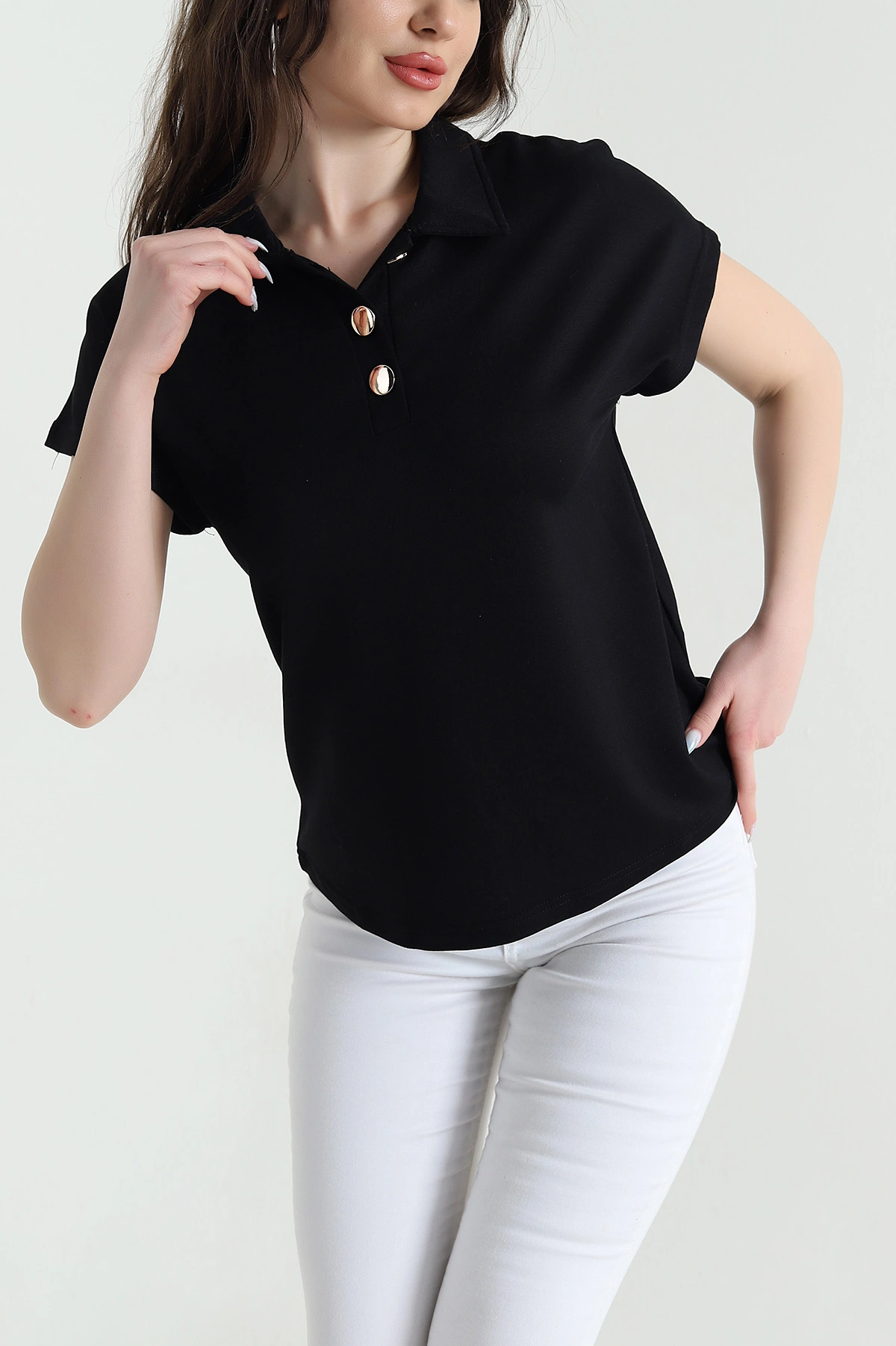 Siyah Düğmeli Polo Yaka Kristal Kadın Bluz 449067