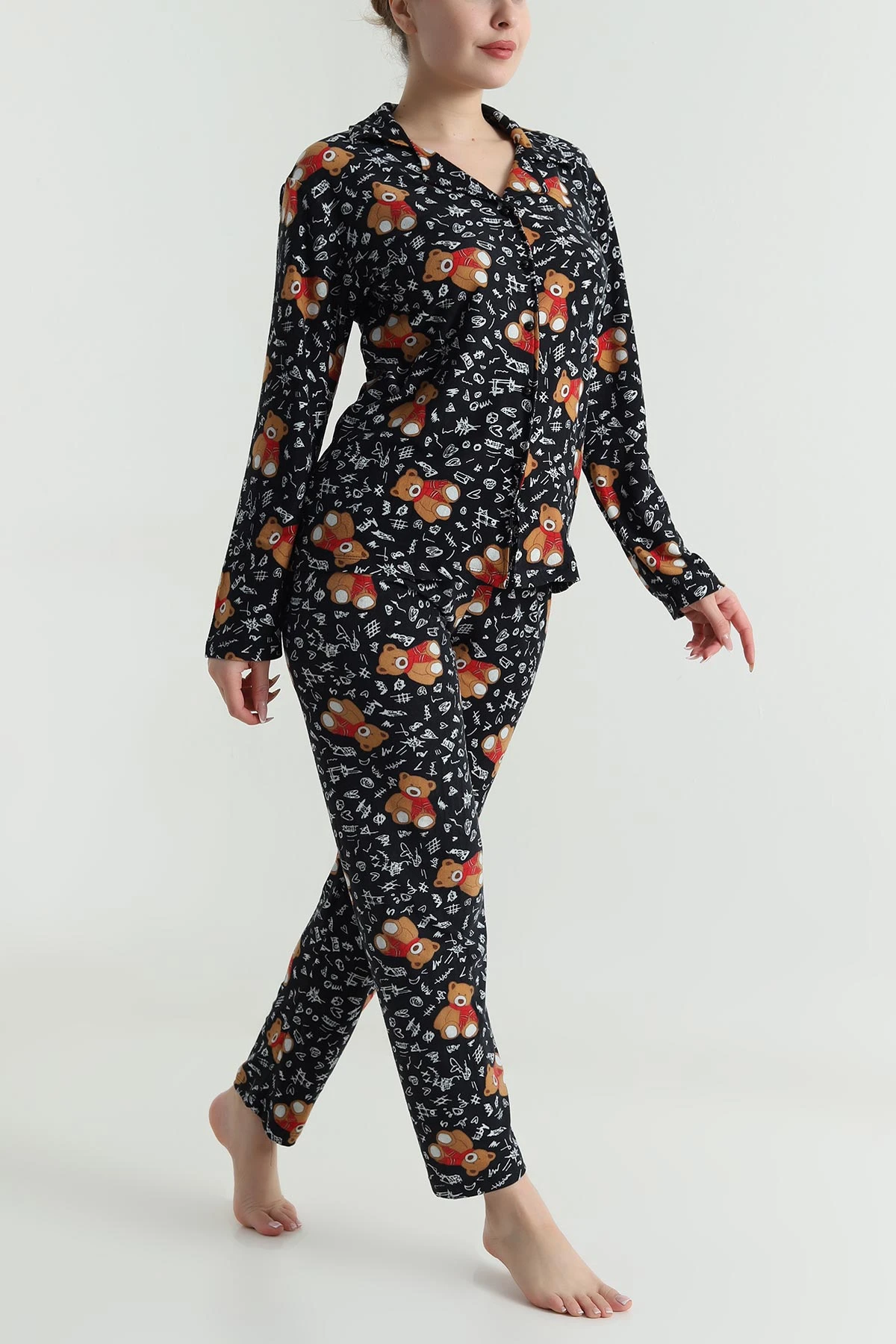 Siyah Düğmeli Süet Kadın Pijama Takımı 492768