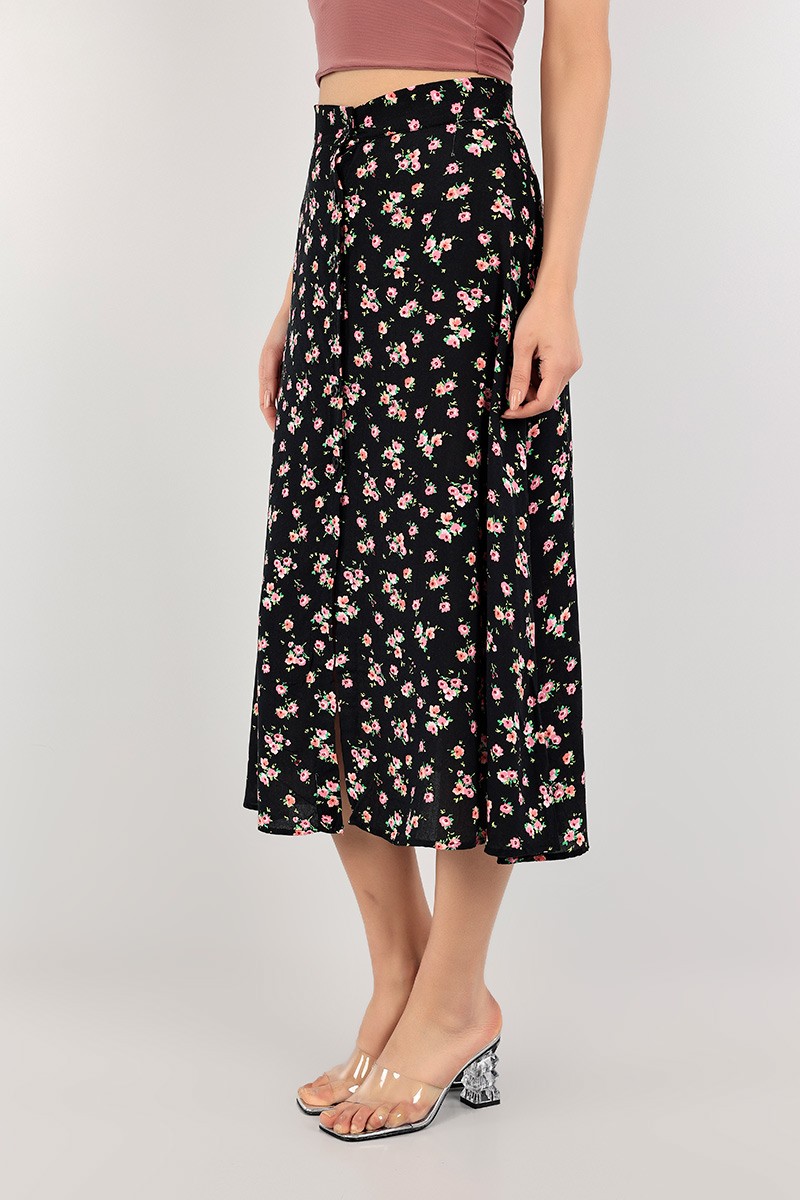 Siyah Düğmeli Tasarım Dokuma Etek 105597