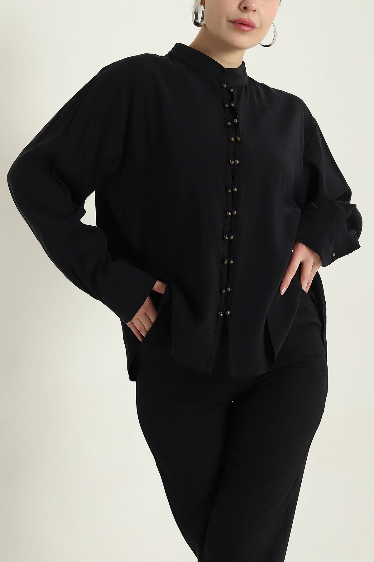 Siyah Düğmeli Tencel Kadın Gömlek 436833