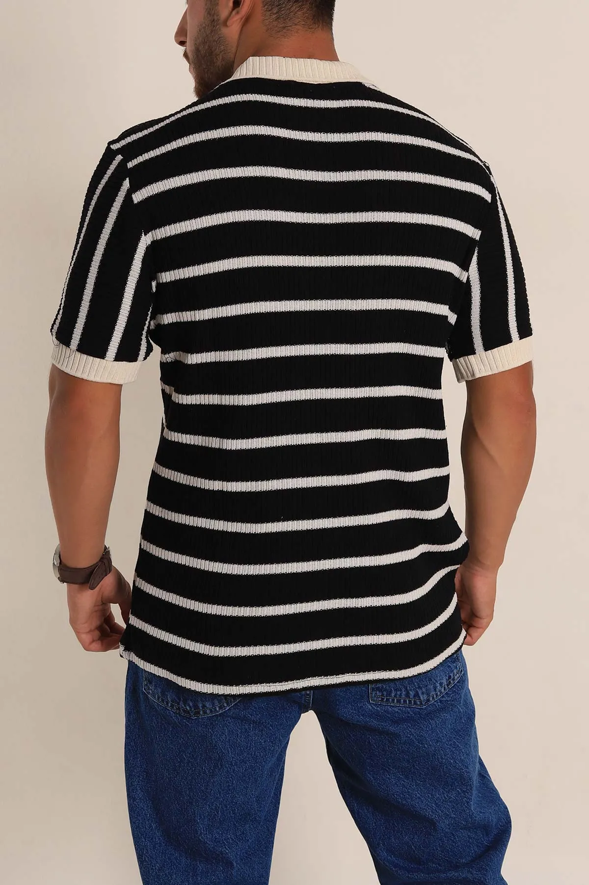 Siyah Ekru Çizgili Regular Fit Polo Yaka Erkek Triko Tişört 262591