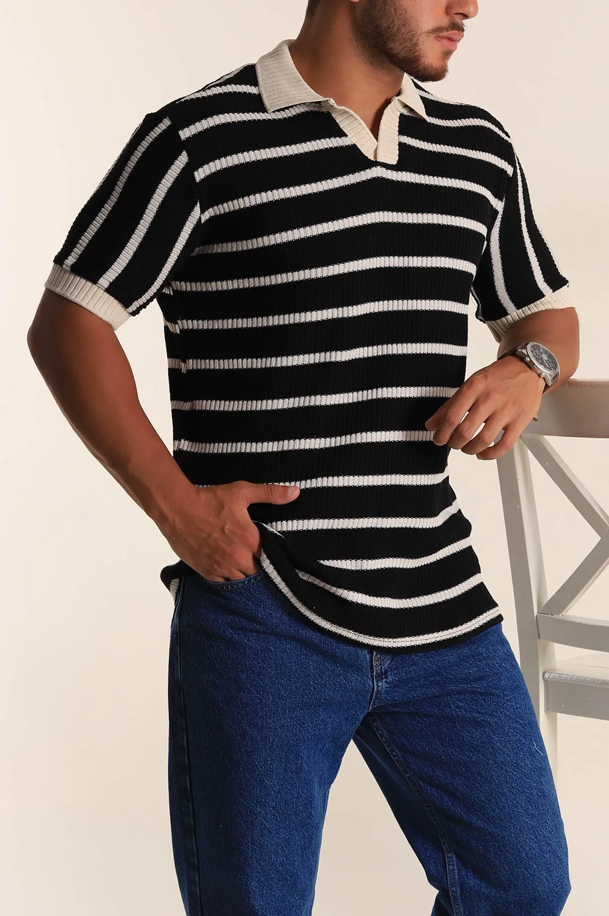 Siyah Ekru Çizgili Regular Fit Polo Yaka Erkek Triko Tişört 262591