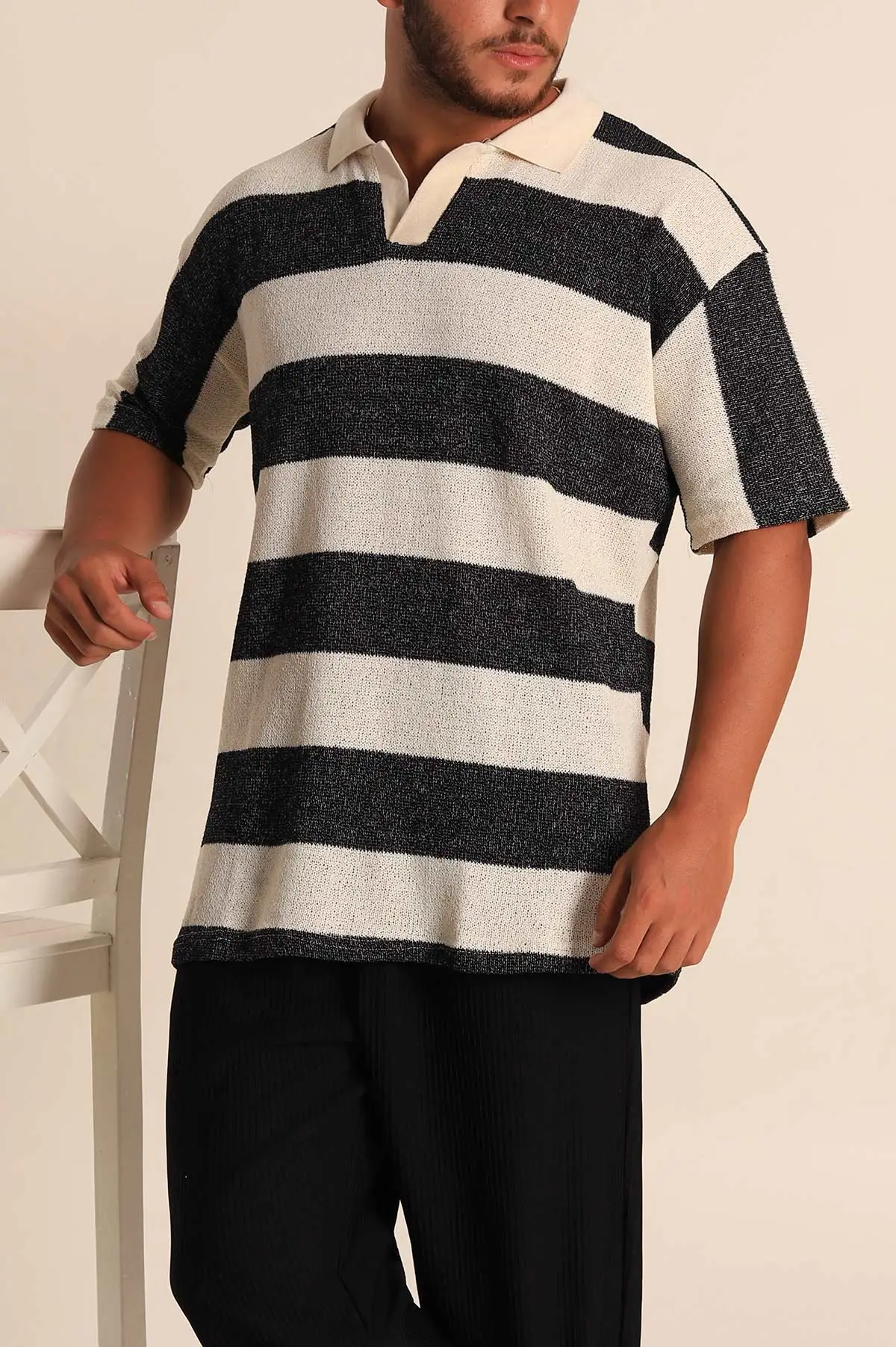 Siyah Ekru Geniş Çizgili Oversize Polo Yaka Erkek Tişört 269200
