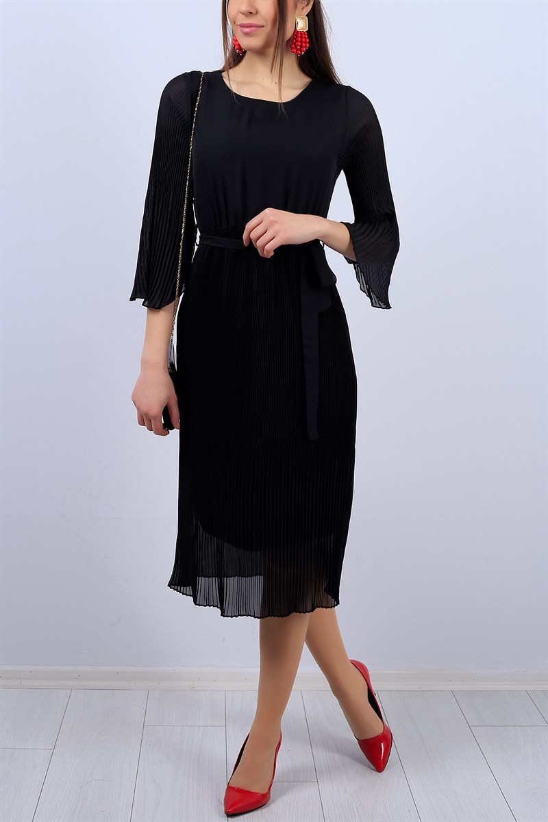 Siyah Eteği Pileli Bayan Şifon Elbise 11683B