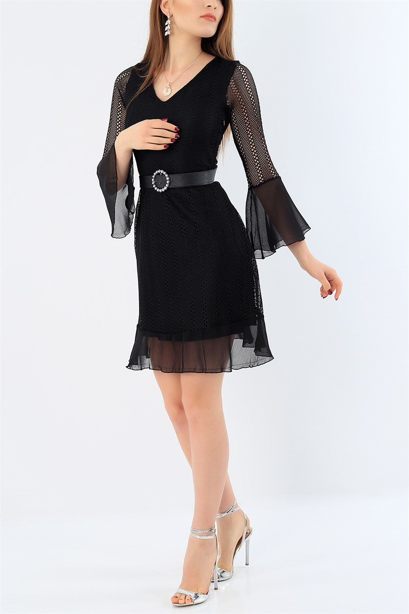 Siyah Eteği Şifon Dantel İşlemeli Elbise 28911B
