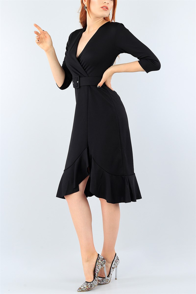 Siyah Eteği Volanlı Kemerli Elbise 39049