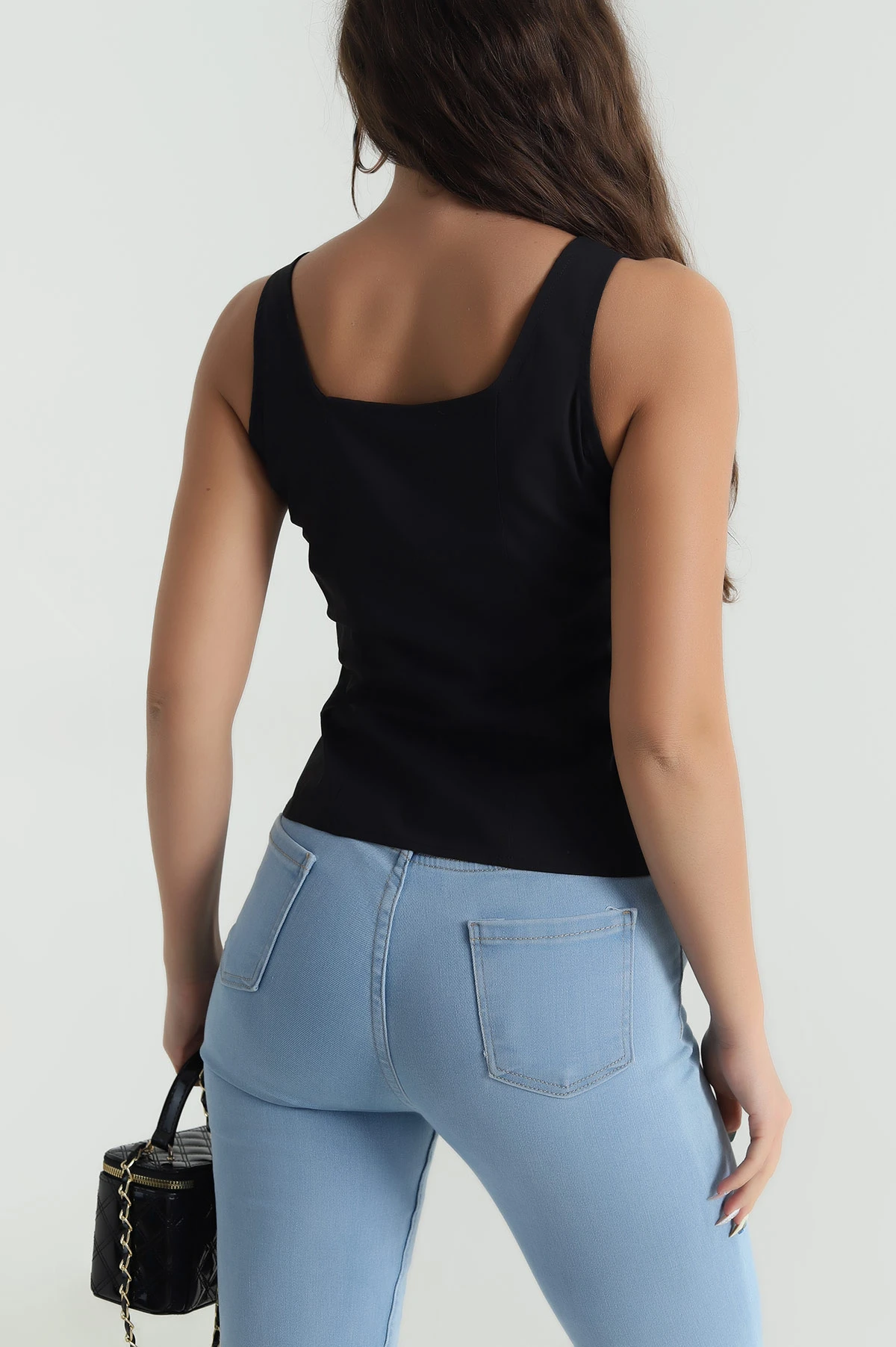 Siyah Fermuarlı Askılı Tencel Kadın Bluz 482541