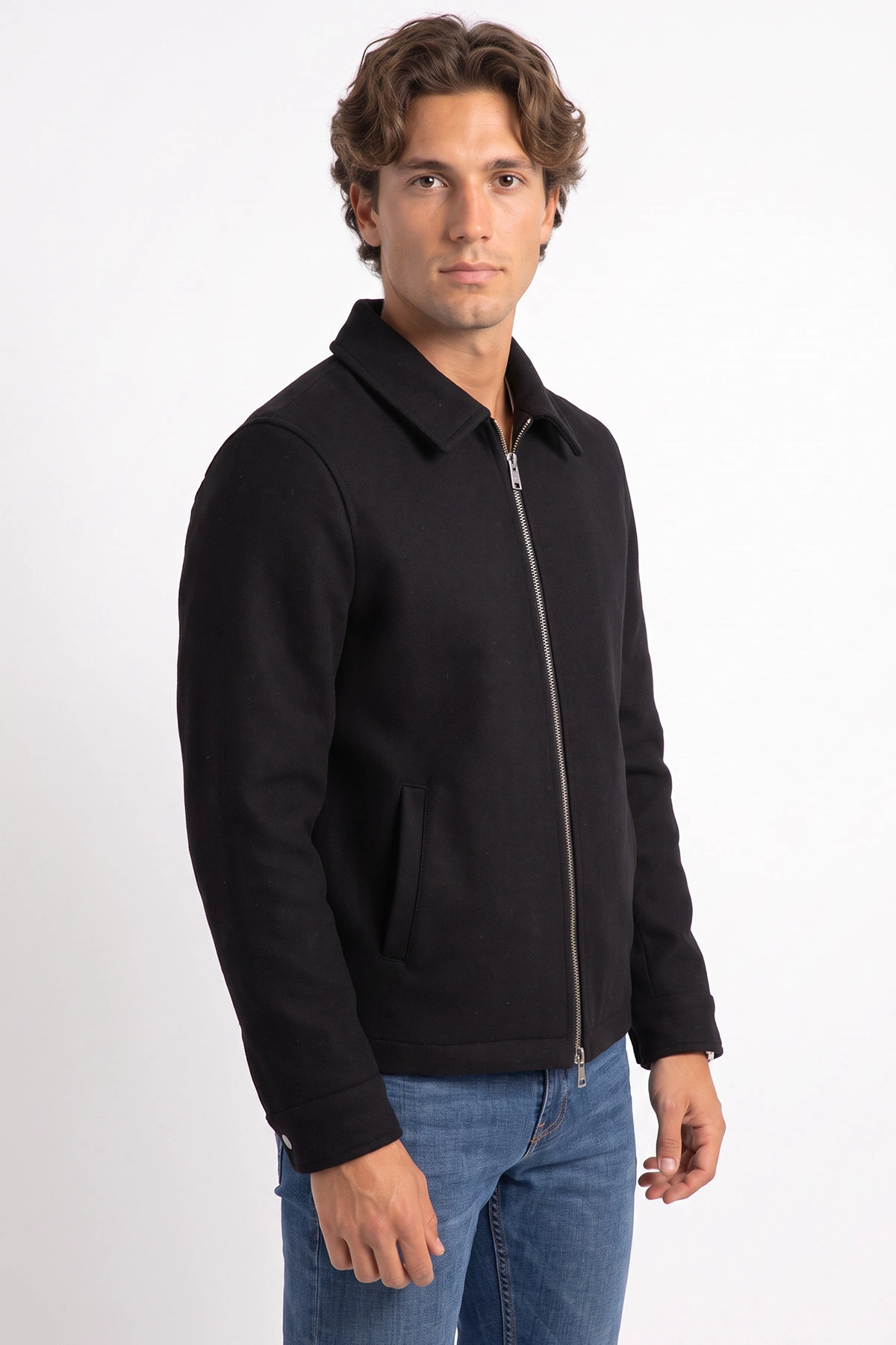 Siyah Fermuarlı Cep Detaylı İçi Astarlı Erkek Kaşe Ceket 490200
