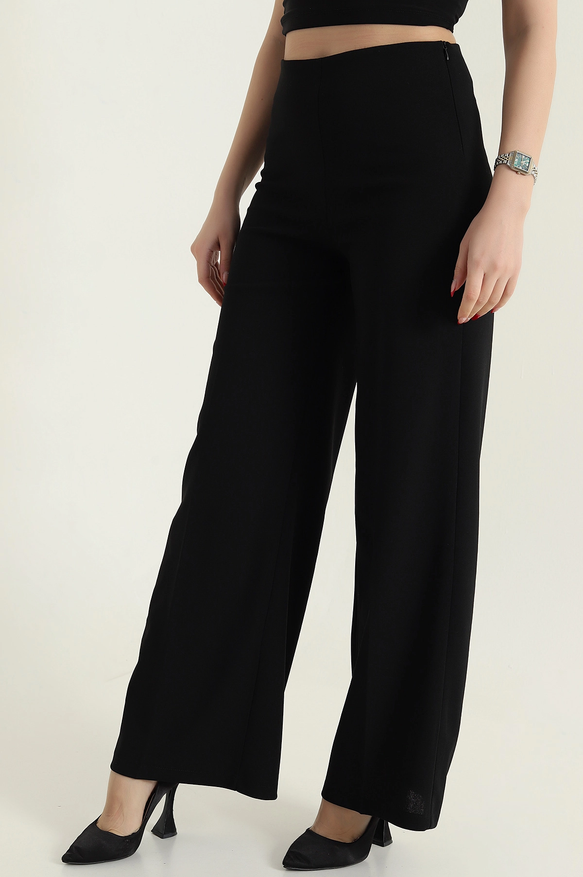 Siyah Fermuarlı Crep Kadın Pantolon 435679