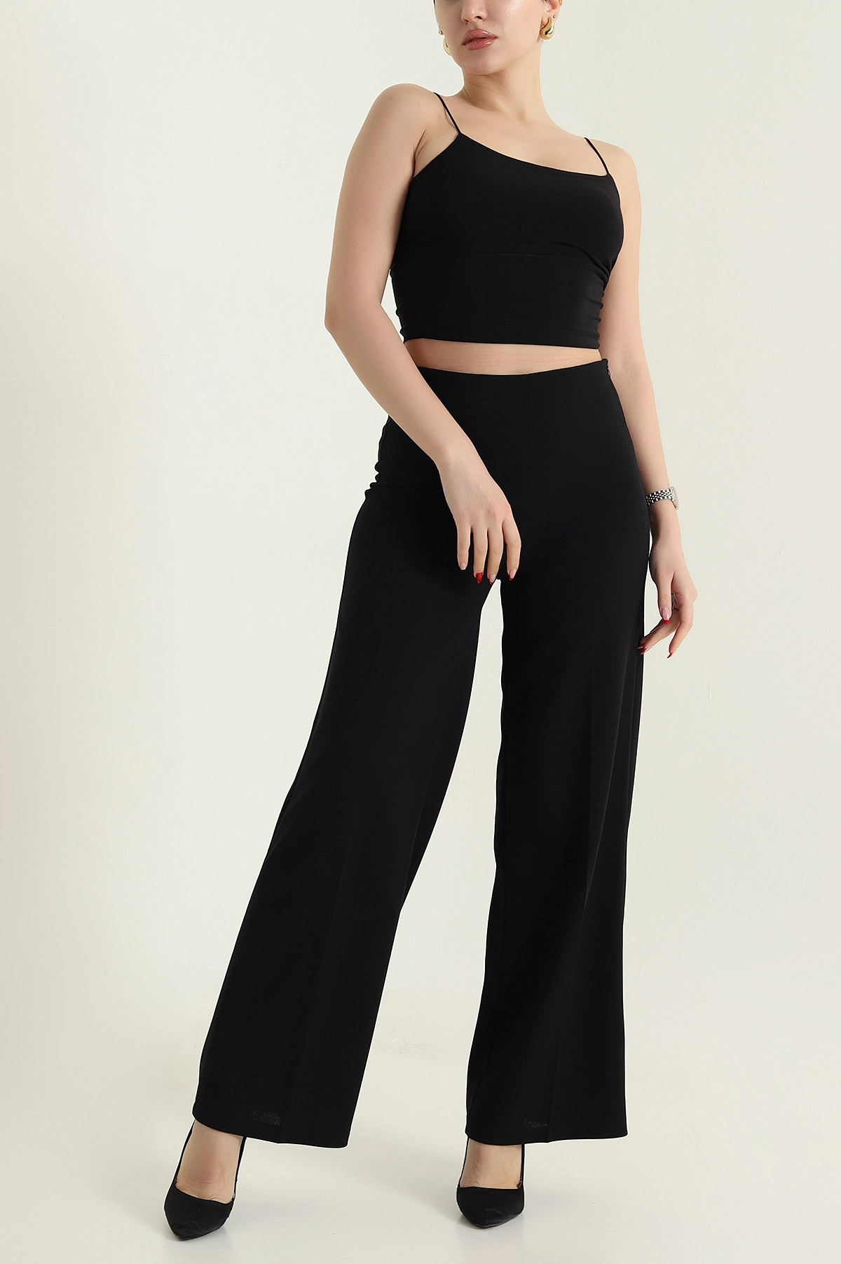 Siyah Fermuarlı Crep Kadın Pantolon 435679