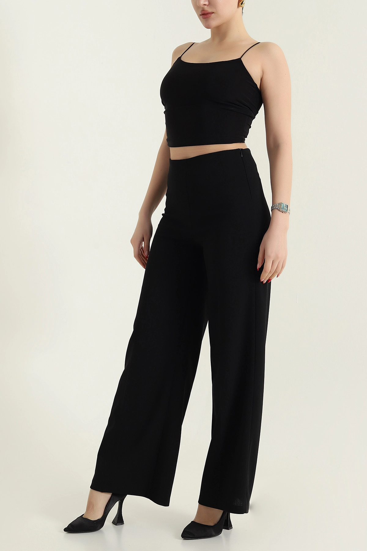 Siyah Fermuarlı Crep Kadın Pantolon 435679