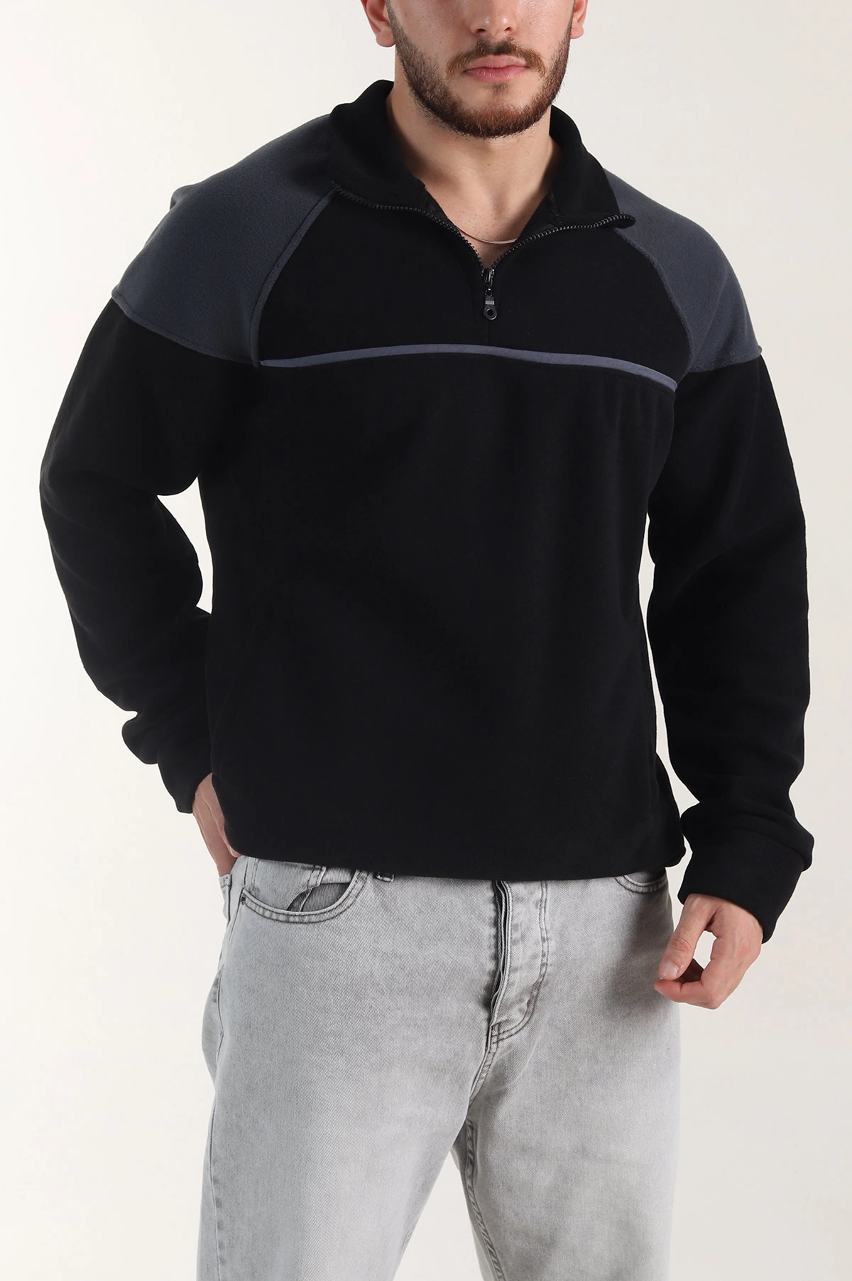 Siyah Fermuarlı Dik Yaka Polar Kumaş Erkek Sweatshirt 404305