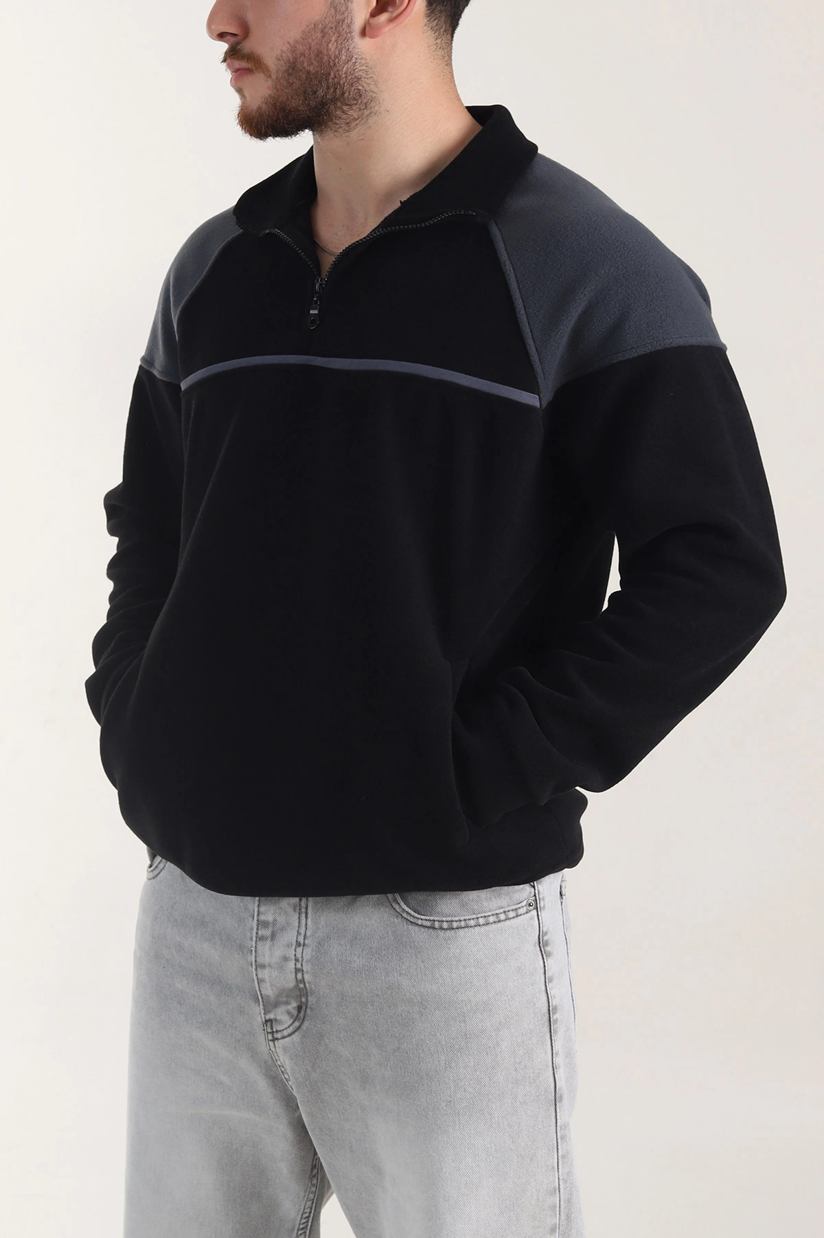 Siyah Fermuarlı Dik Yaka Polar Kumaş Erkek Sweatshirt 404305
