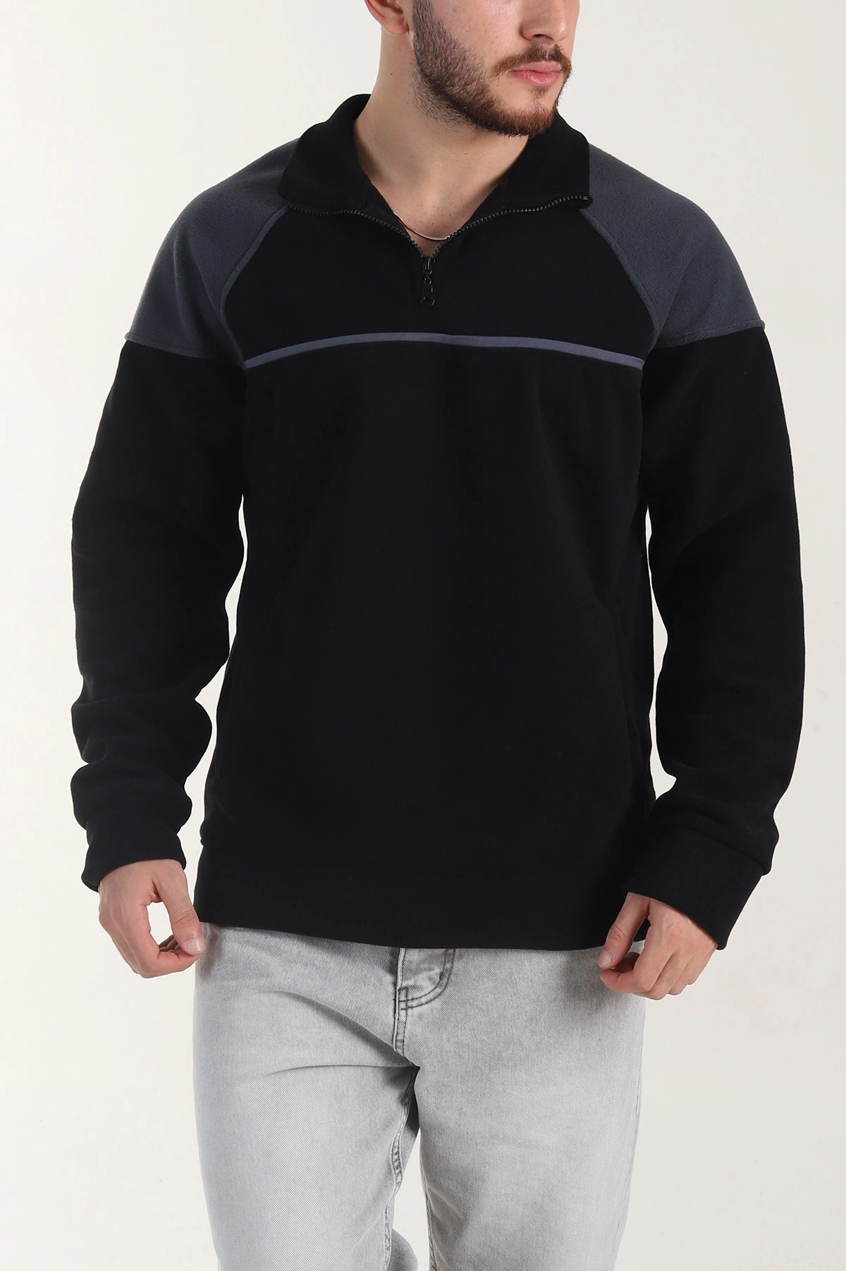 Siyah Fermuarlı Dik Yaka Polar Kumaş Erkek Sweatshirt 404305
