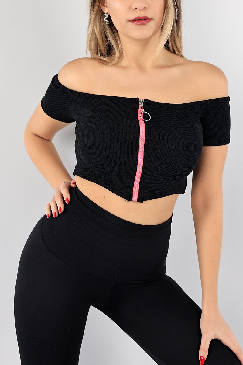 Siyah Fermuarlı Fitilli Bluz 97813