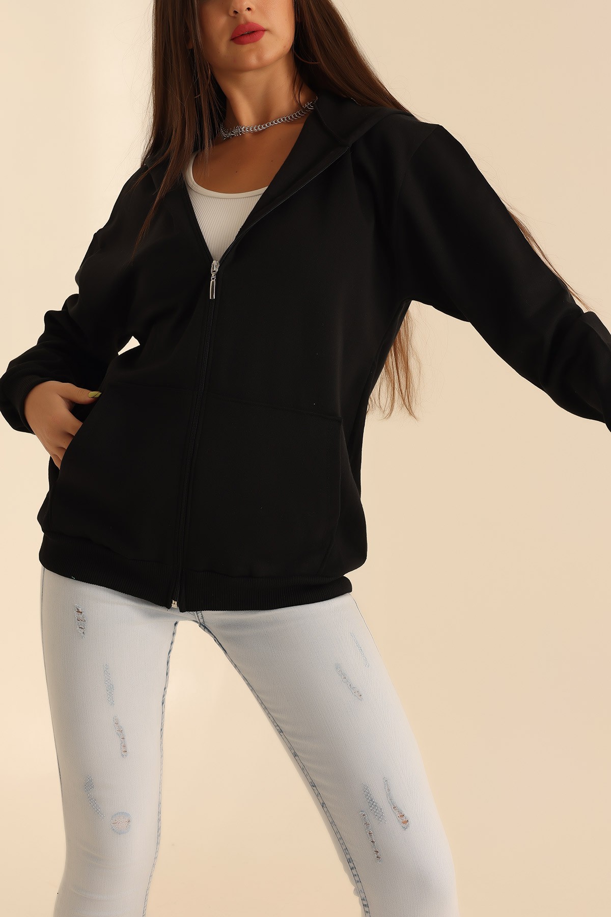 Siyah Fermuarlı İçi Şardonlu Bayan Sweat 199660