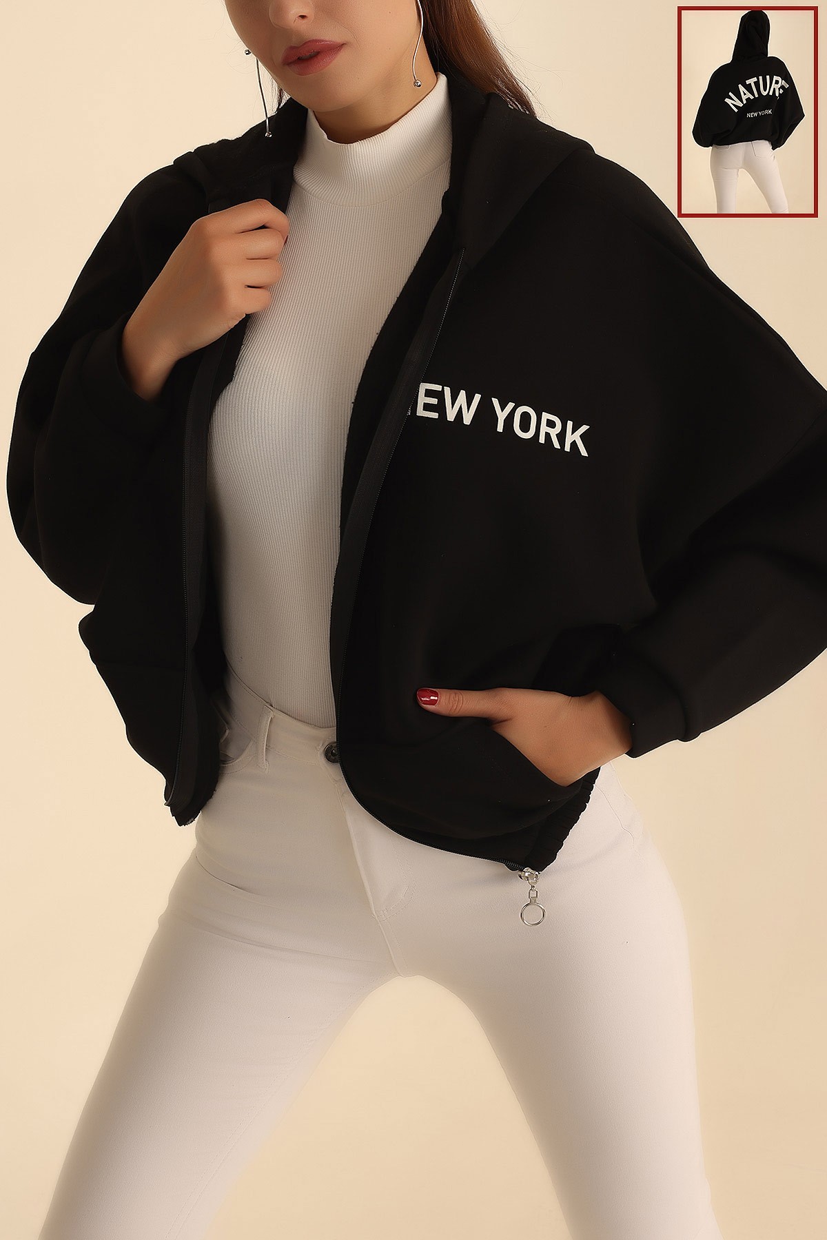 Siyah Fermuarlı İçi Şardonlu Bayan Sweat 205249