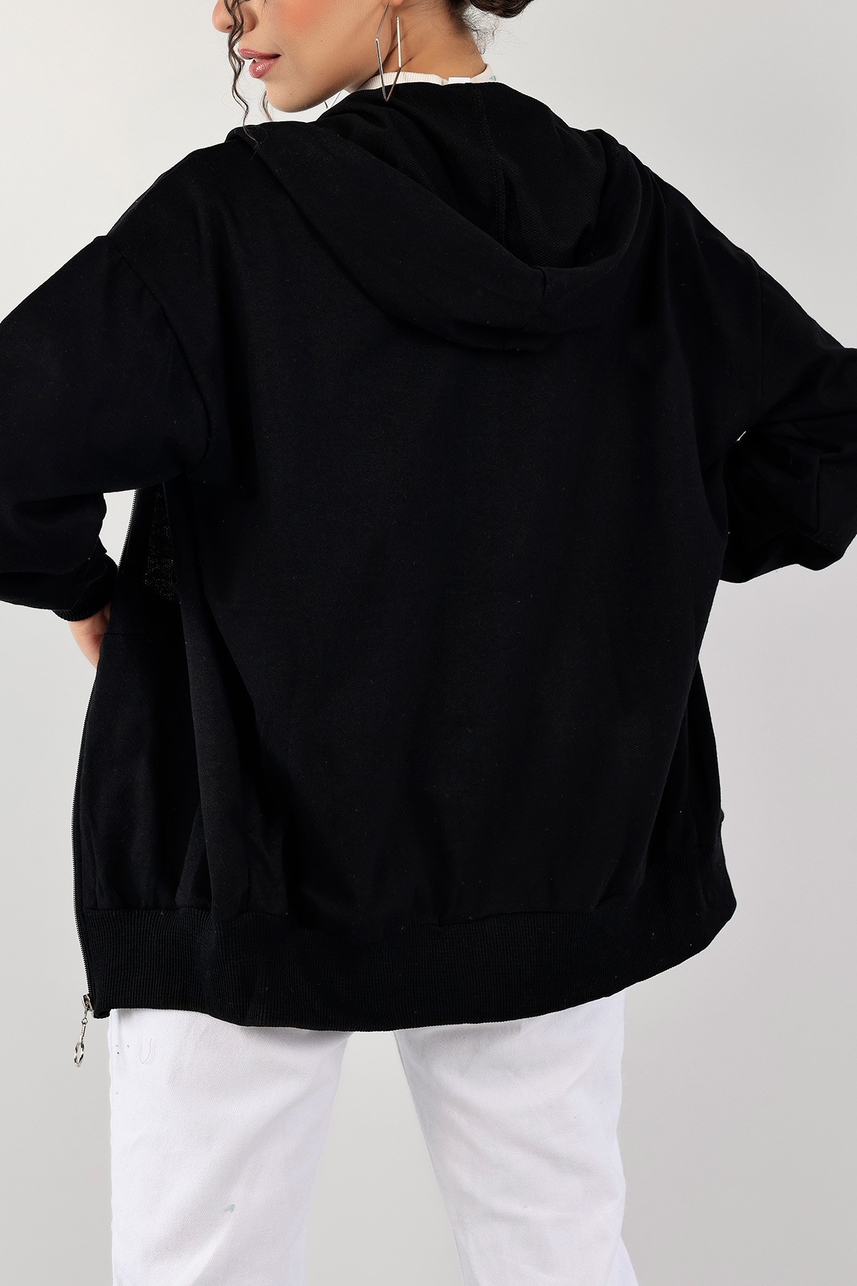 Siyah Fermuarlı Kapüşonlu İki İp Sweat 128917