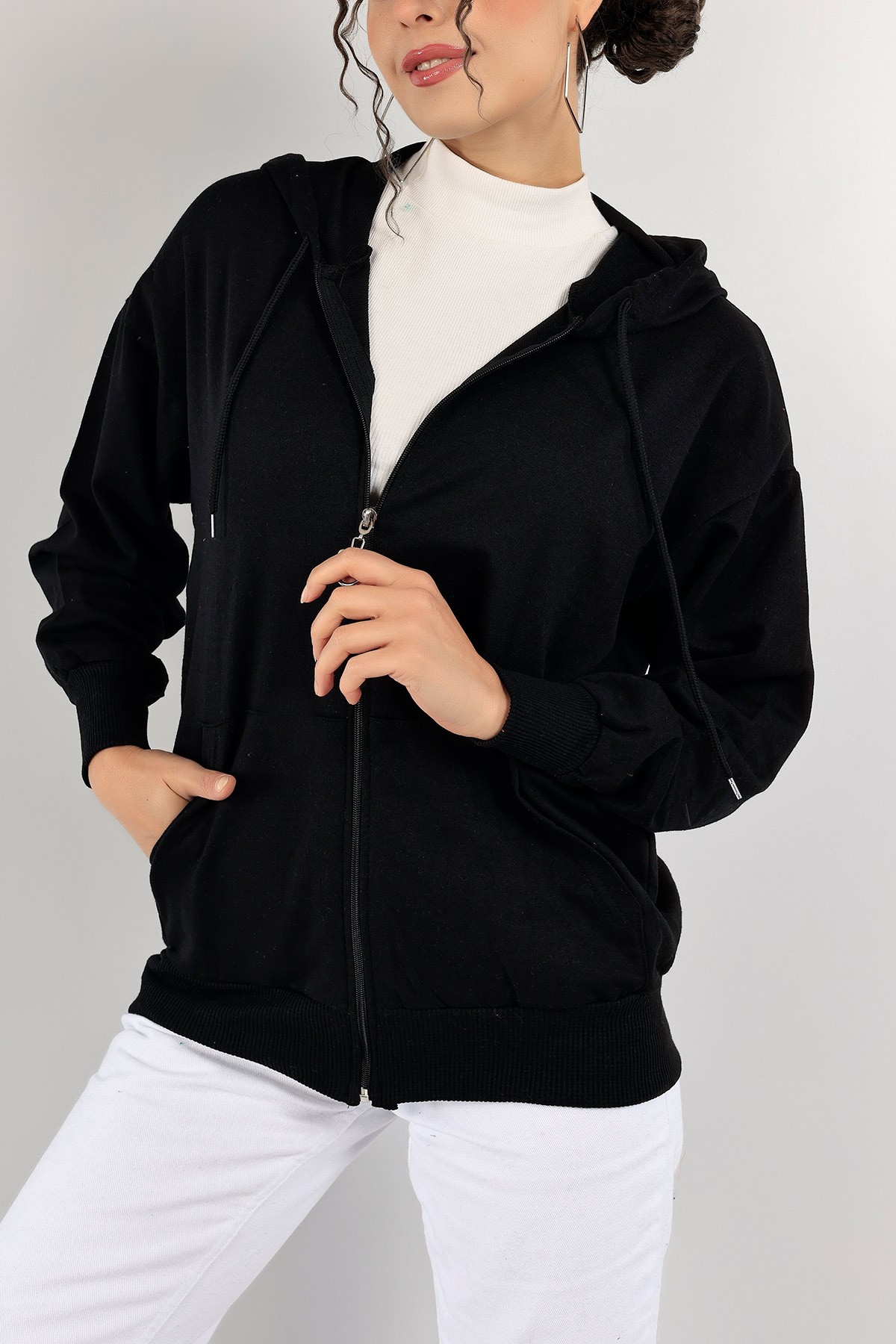 Siyah Fermuarlı Kapüşonlu İki İp Sweat 128917