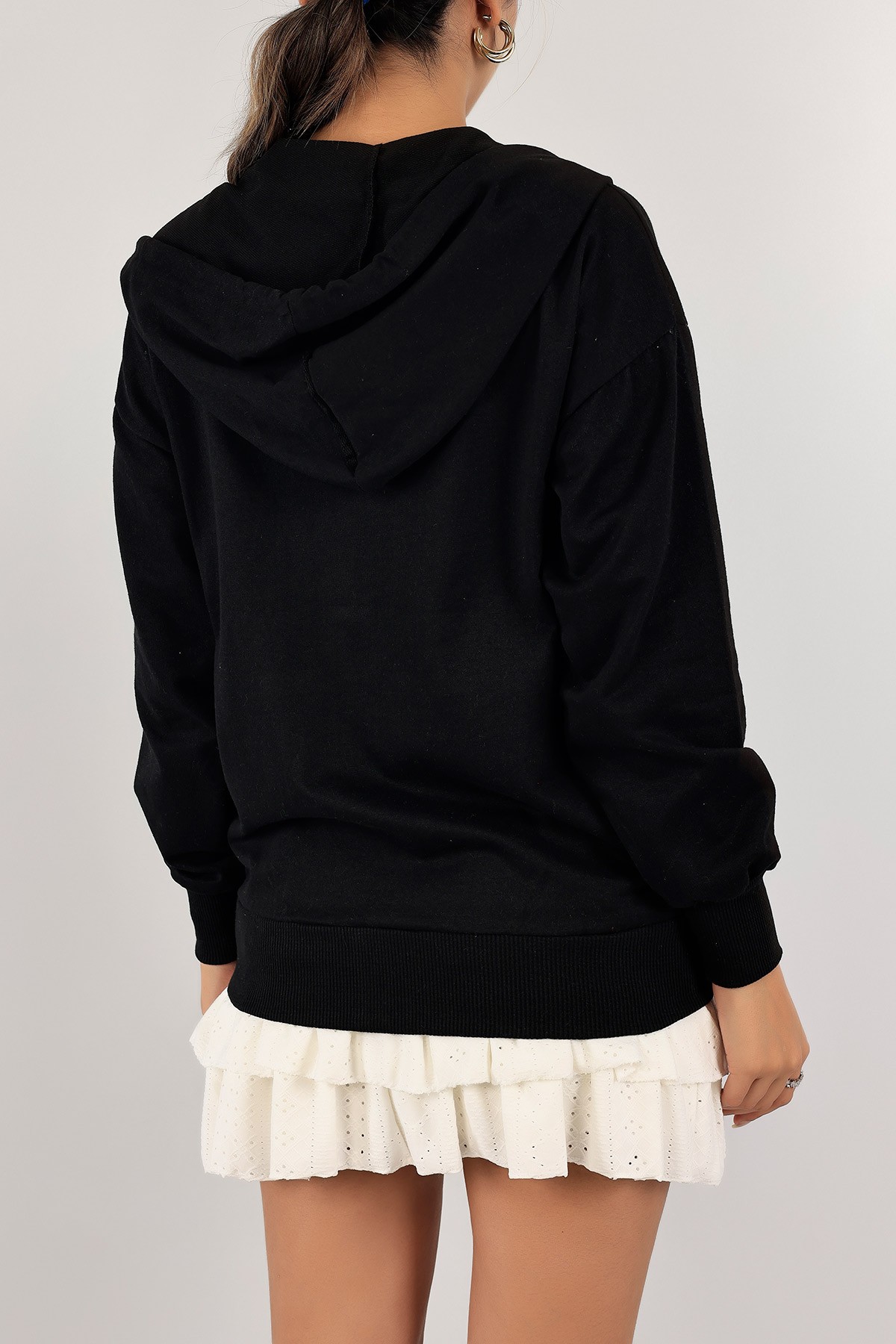 Siyah Fermuarlı Kapüşonlu İki İp Sweat 128921