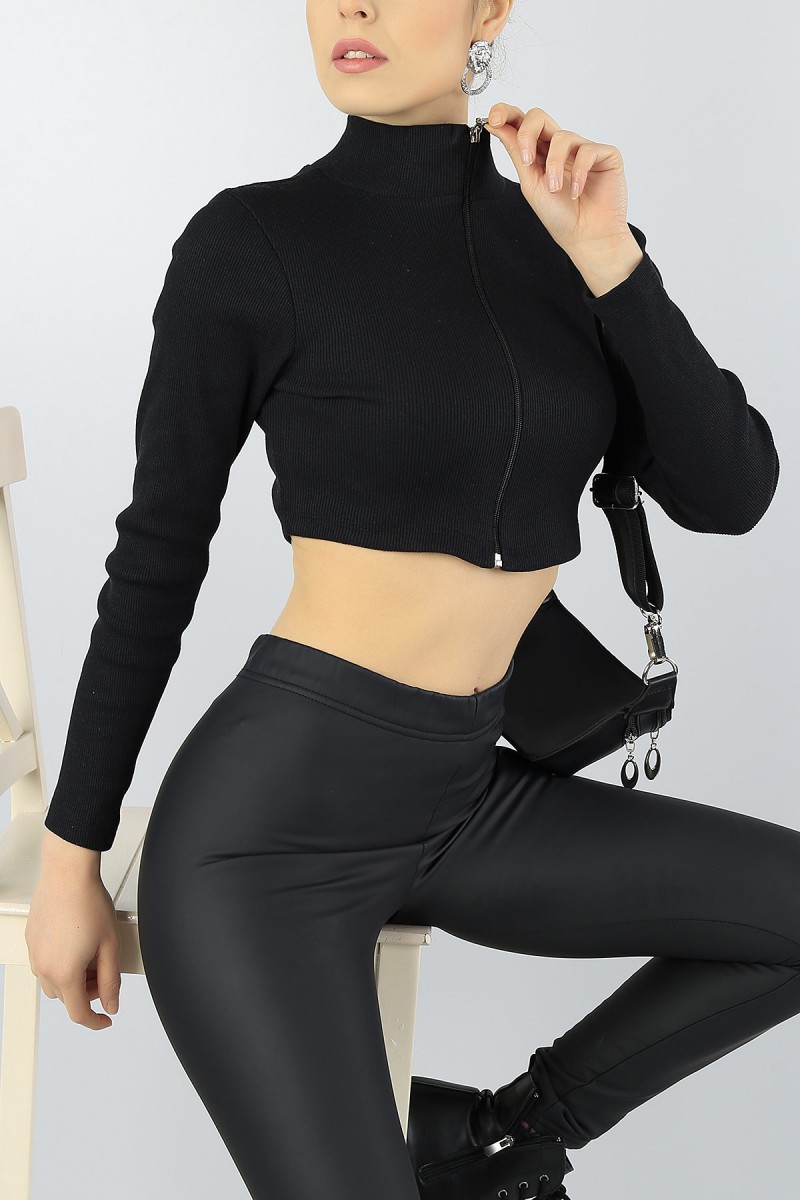 Siyah Fermuarlı Likralı Bayan Sweat 51914