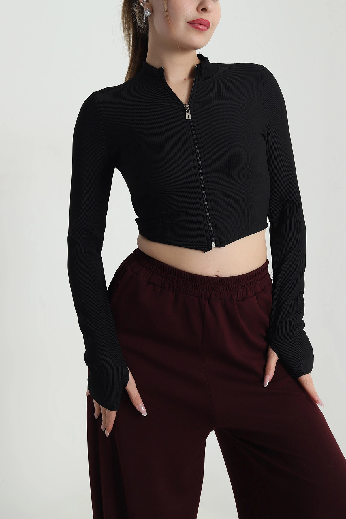 Siyah Fermuarlı Likralı Ottoman Kumaş Crop 489920
