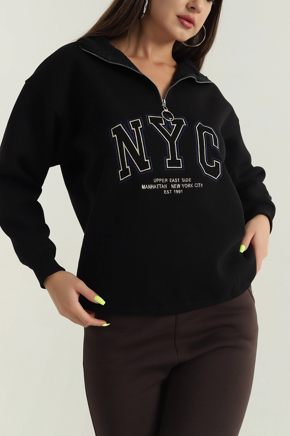 Siyah Fermuarlı Nakışlı Şardonlu Kadın Sweat 387842