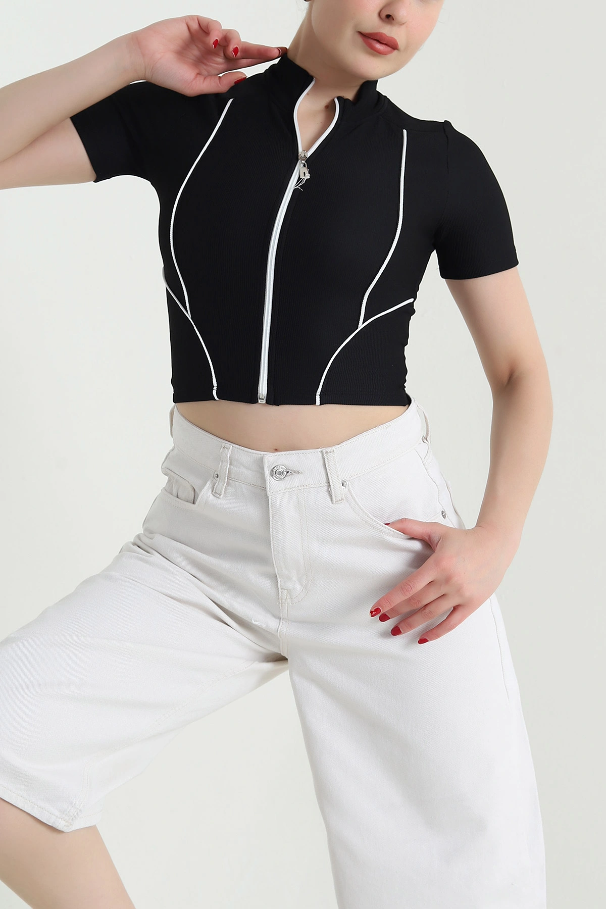 Siyah Fermuarlı Ottoman Crop 467198