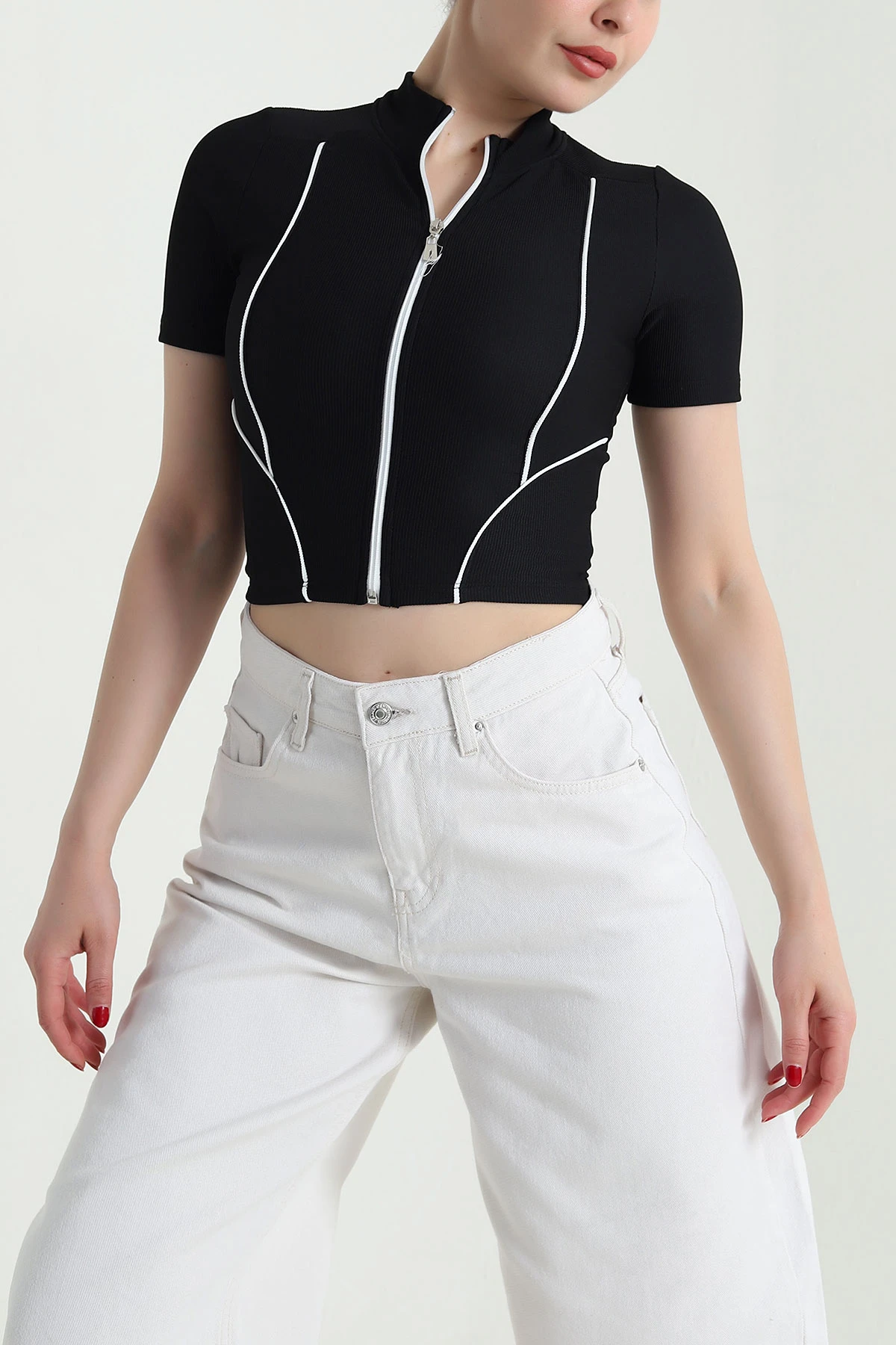 Siyah Fermuarlı Ottoman Crop 467198