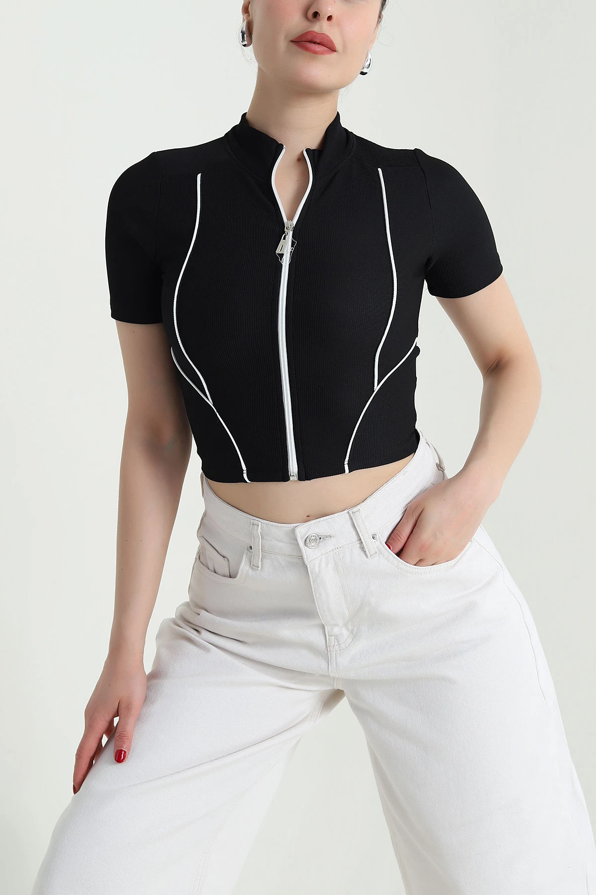 Siyah Fermuarlı Ottoman Crop 467198