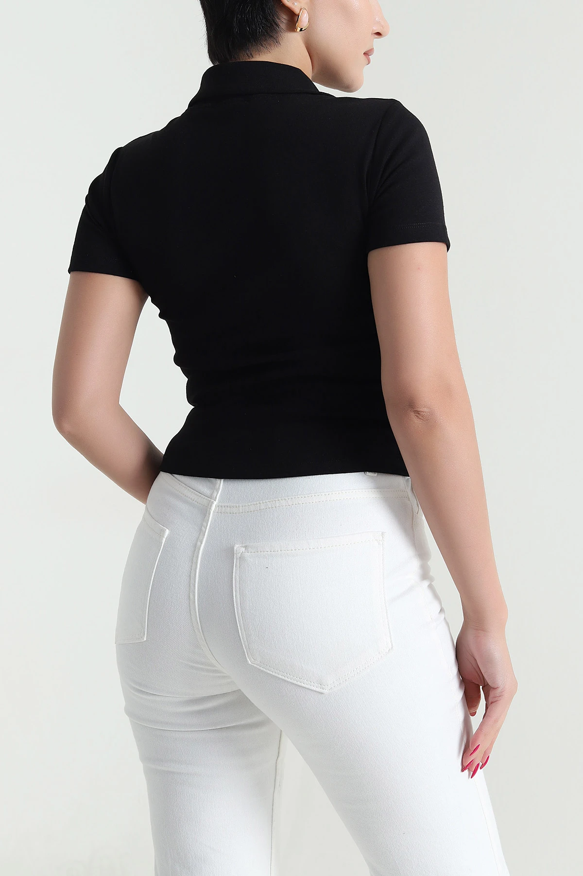 Siyah Fermuarlı Polo Yaka Kadın Body Tişört 477736