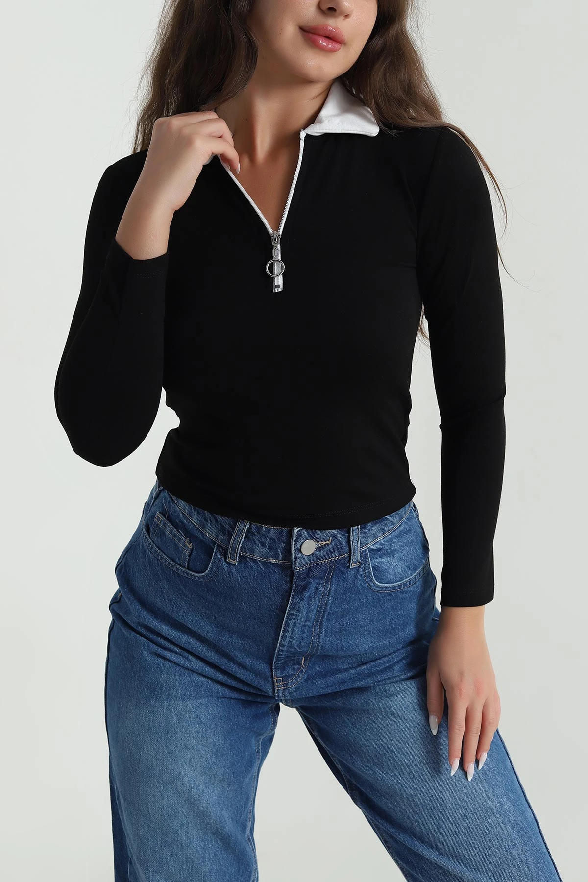 Siyah Fermuarlı Polo Yaka Oysho Kadın Bluz 488563