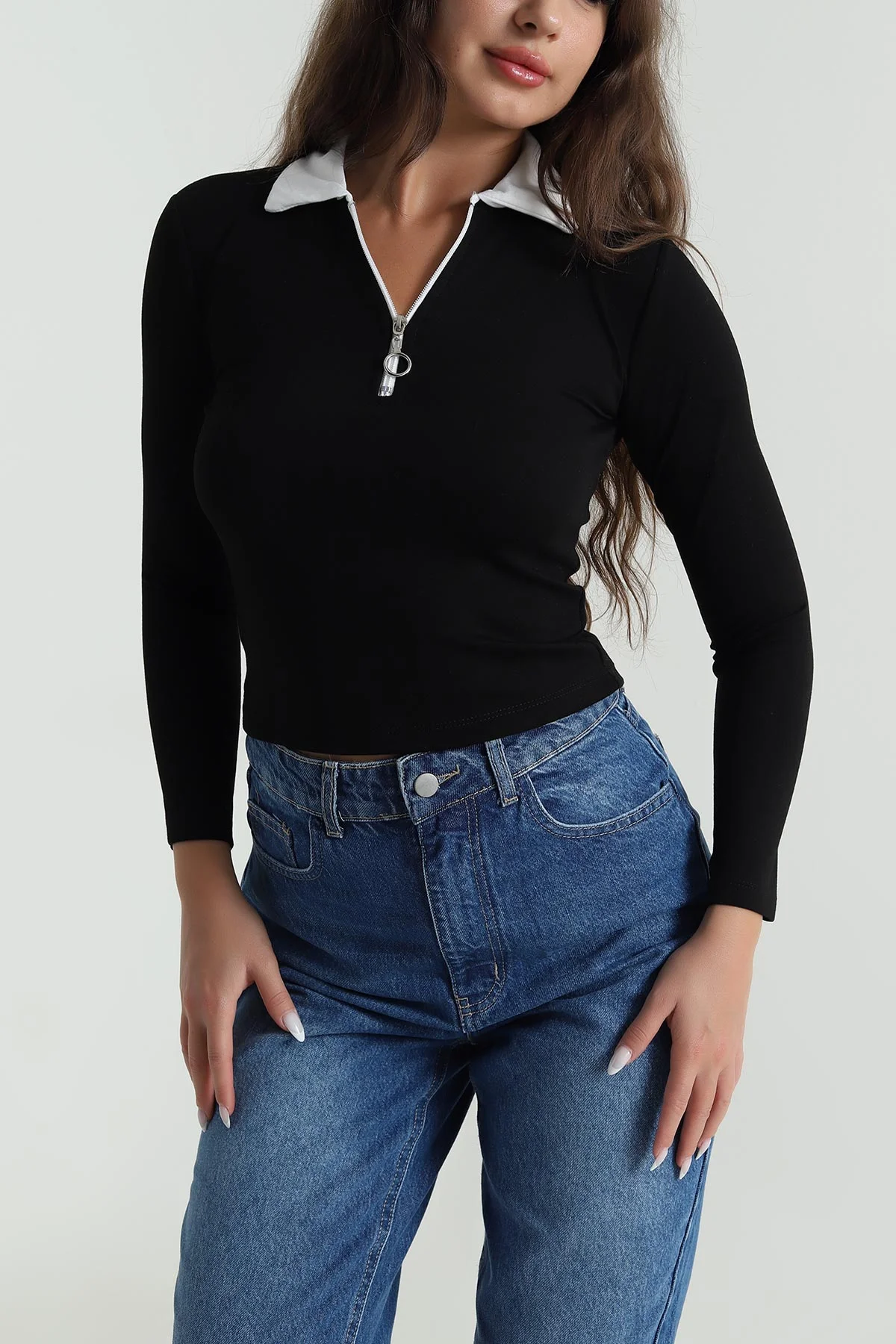 Siyah Fermuarlı Polo Yaka Oysho Kadın Bluz 488563