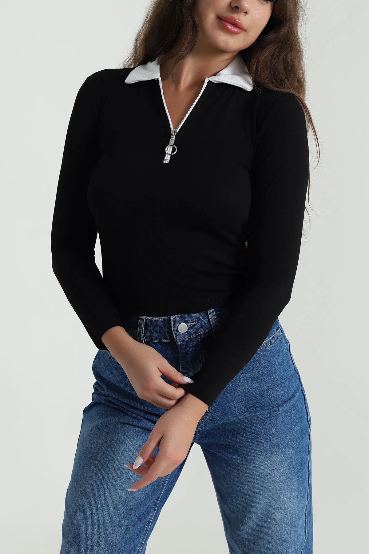 Siyah Fermuarlı Polo Yaka Oysho Kadın Bluz 488563