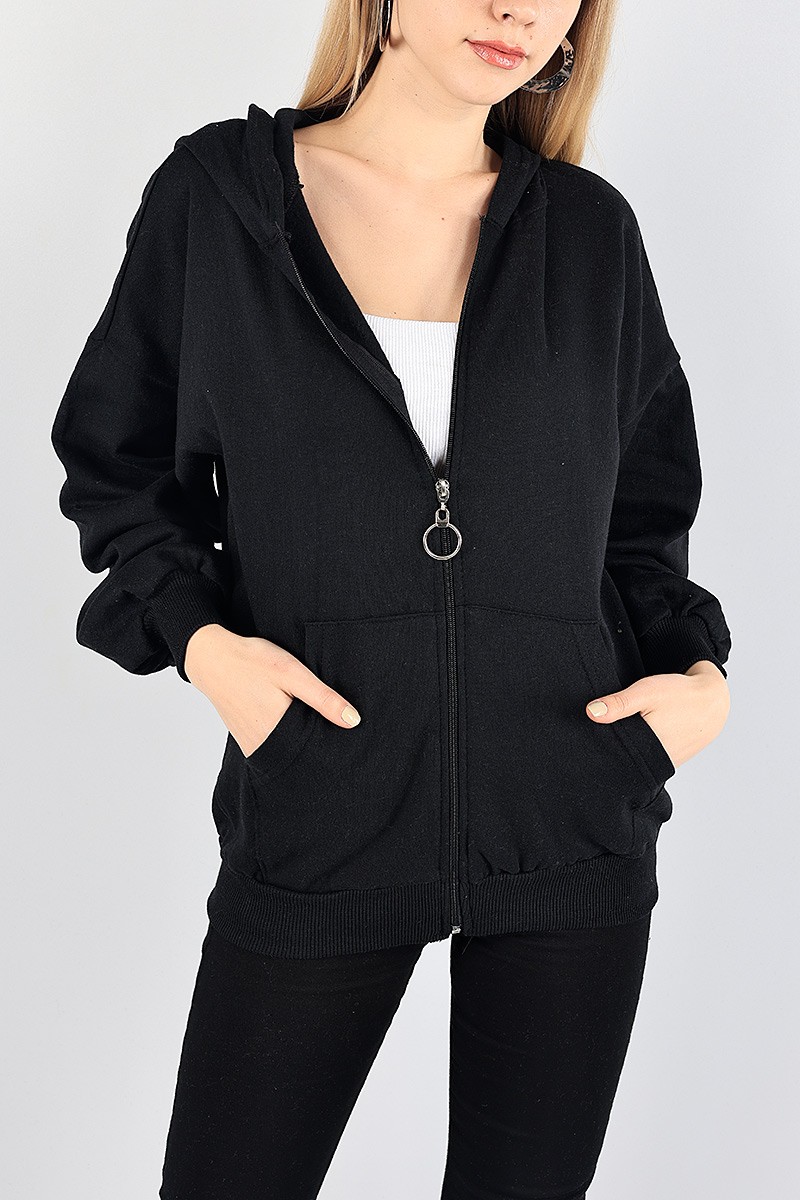Siyah Fermuarlı Şardonlu Bayan Sweat 88383