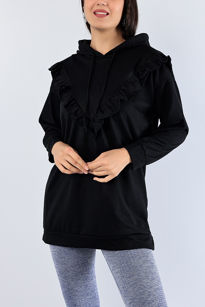 Siyah Fırfır Tasarımlı Kapüşonlu Sweat Tunik 79461