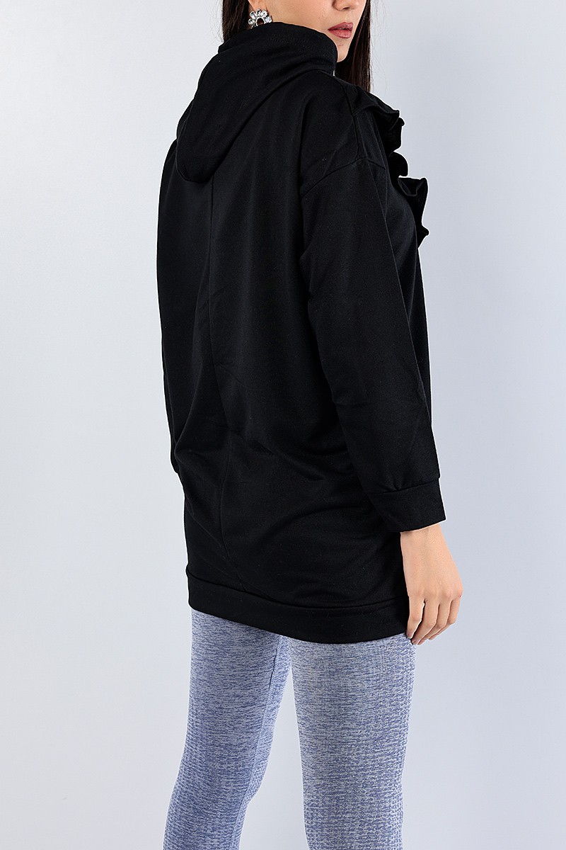 Siyah Fırfır Tasarımlı Kapüşonlu Sweat Tunik 79461