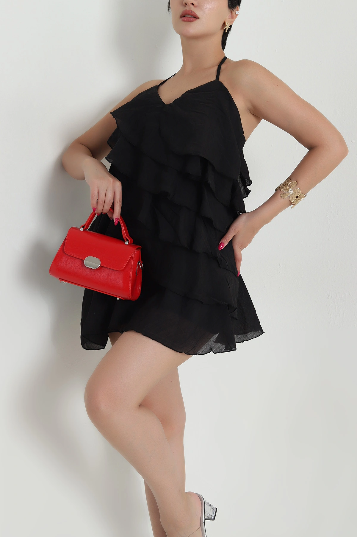 Siyah Fırfırlı Astarlı Tencel Kadın Elbise 474350