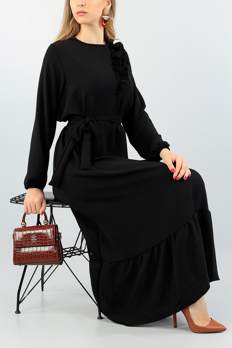 Siyah Fırfırlı Kemerli Elbise 58583